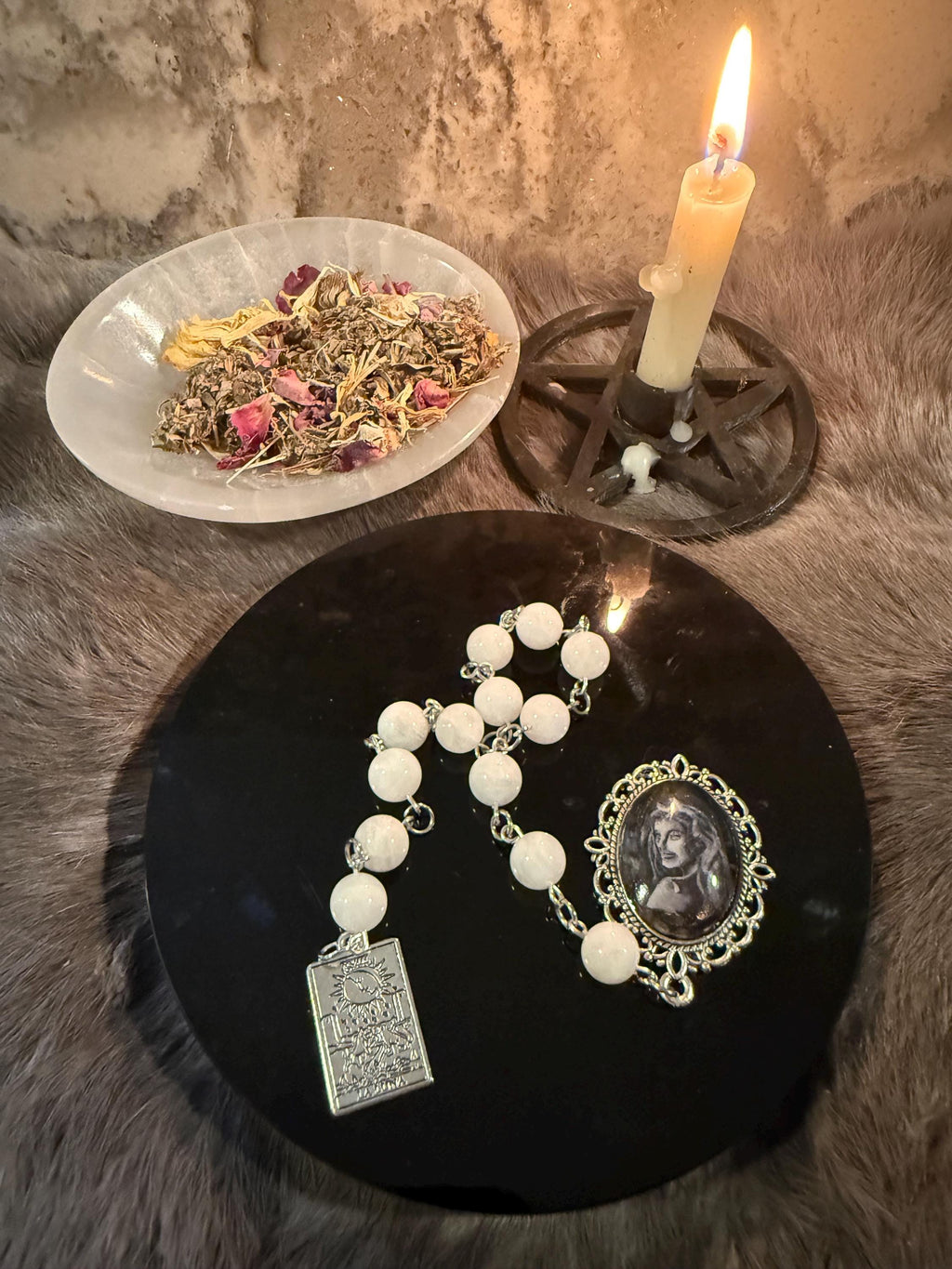 Nyx Prayer Beads: Rainbow Moonstone, La Luna Tarot Charm