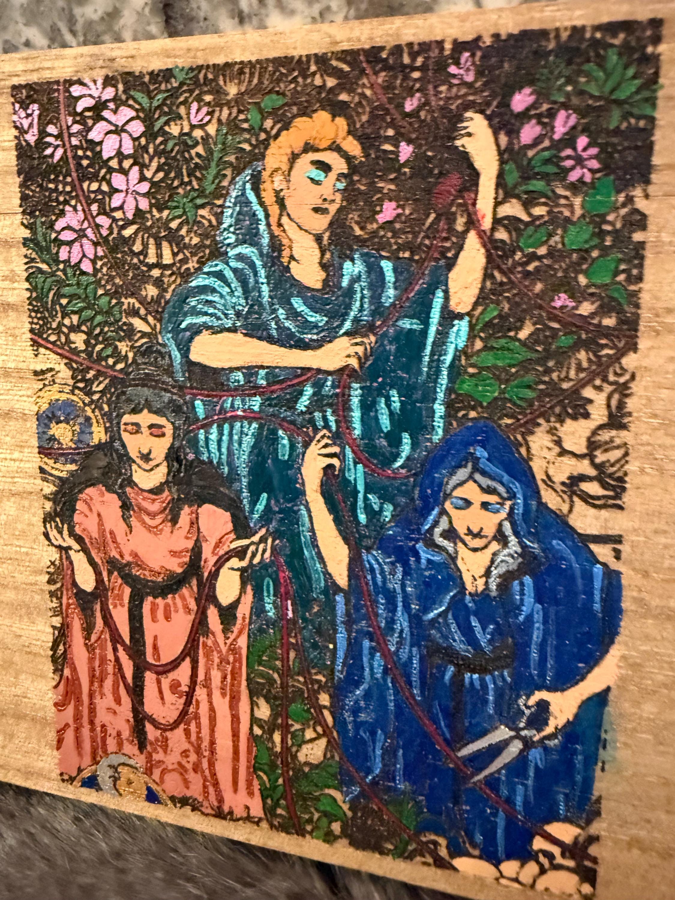 The Three Fates Altar Box: Wood Burned Greek Mythology Keepsake