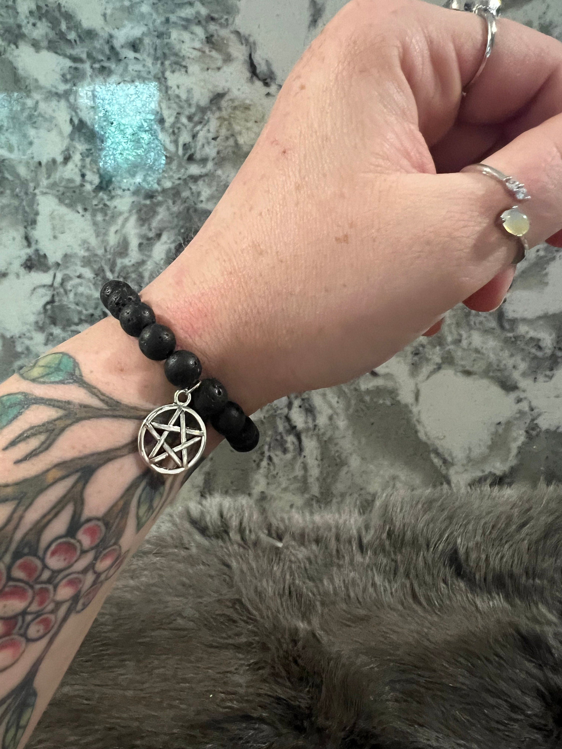 Hand Beaded Lava Stone Bracelet with Pentacle Charm