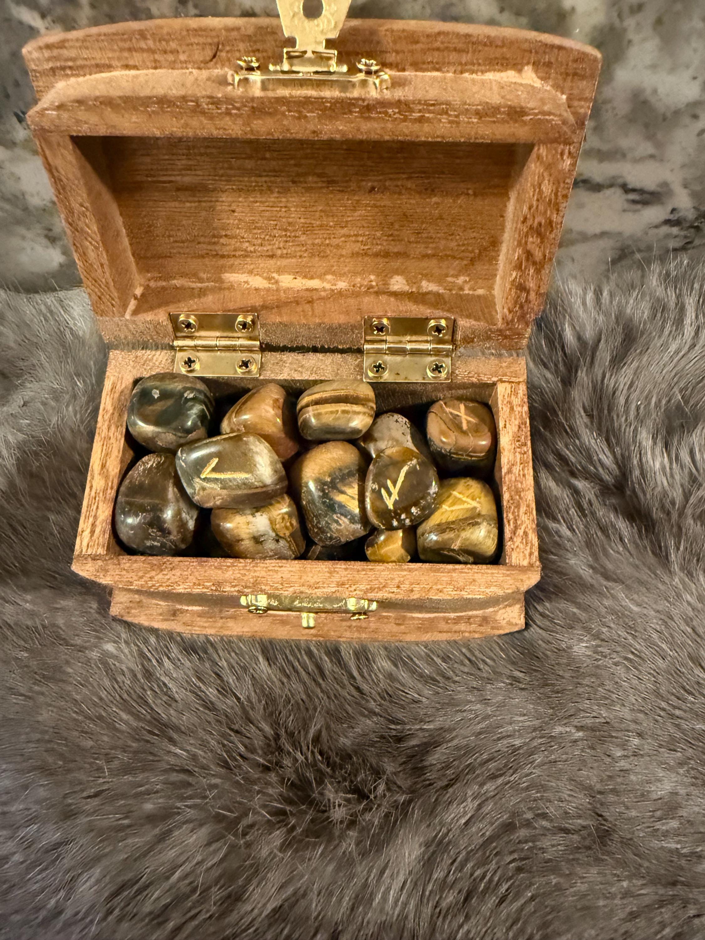 Gemstone Rune Set: Elder Futhark Runes With Crossed Viking Axes Etched Wooden Box