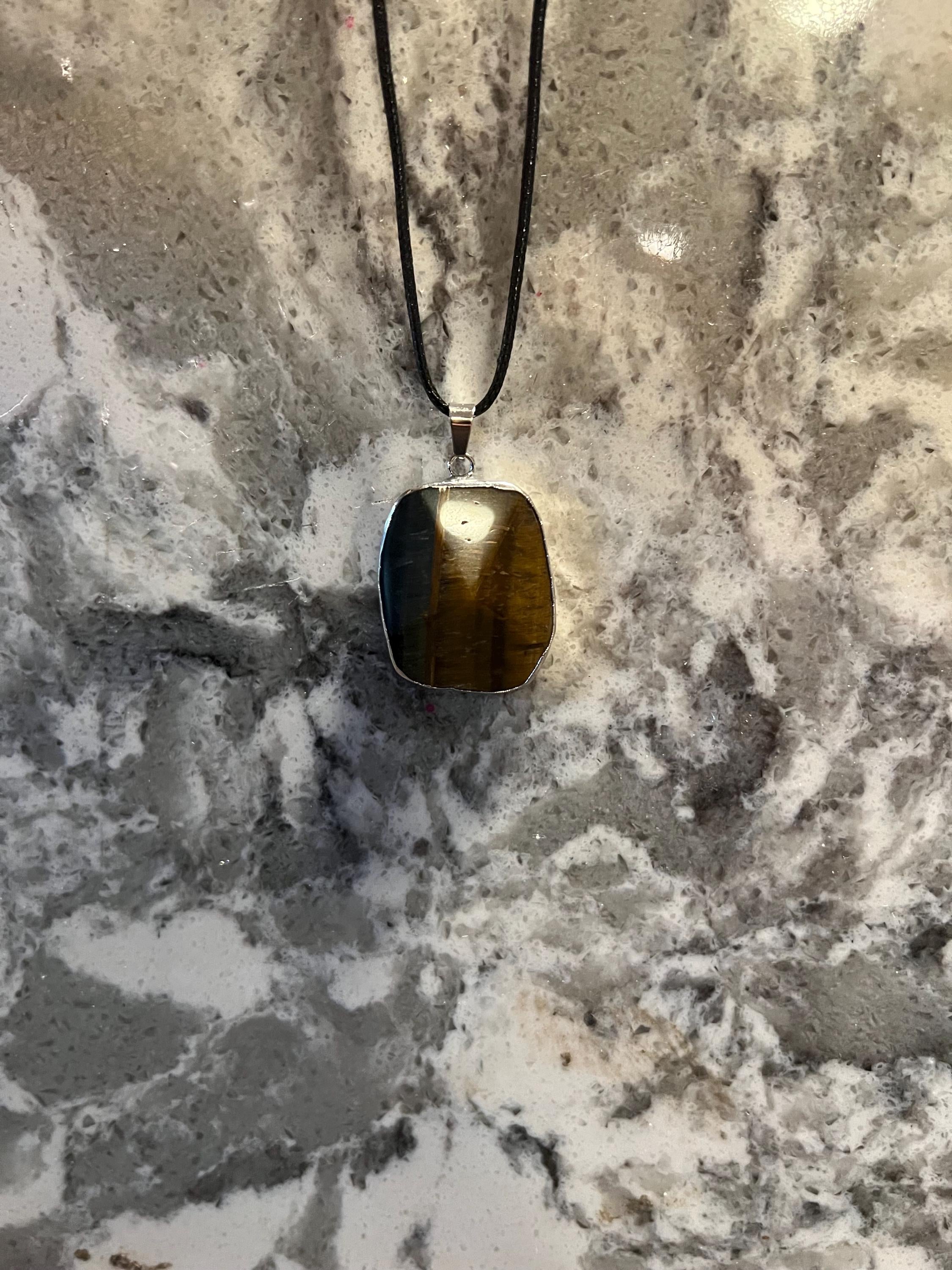 Silver Wrapped Tiger's Eye Pendant Necklace - Leather Cord