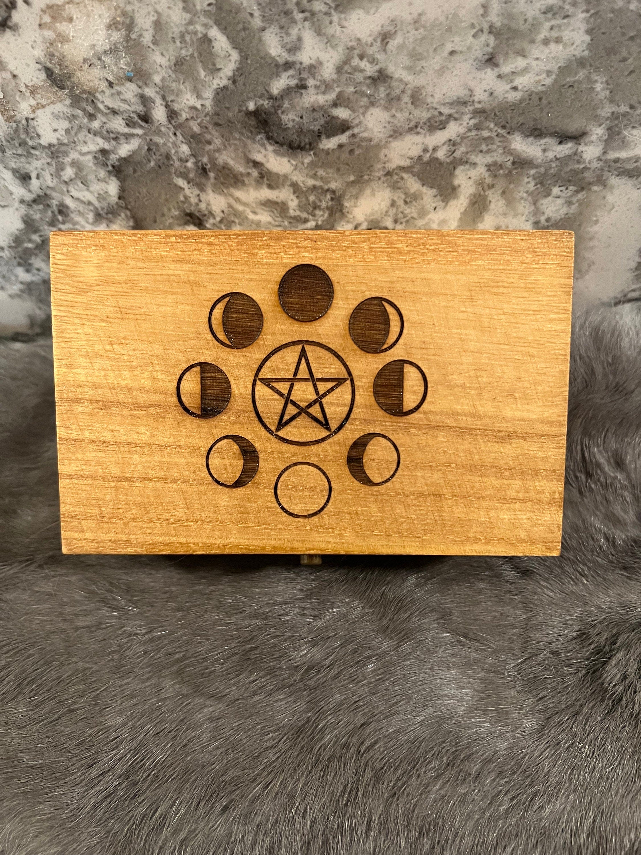 Etched Wood Tarot Card Box: Altar Box with Moon Phases