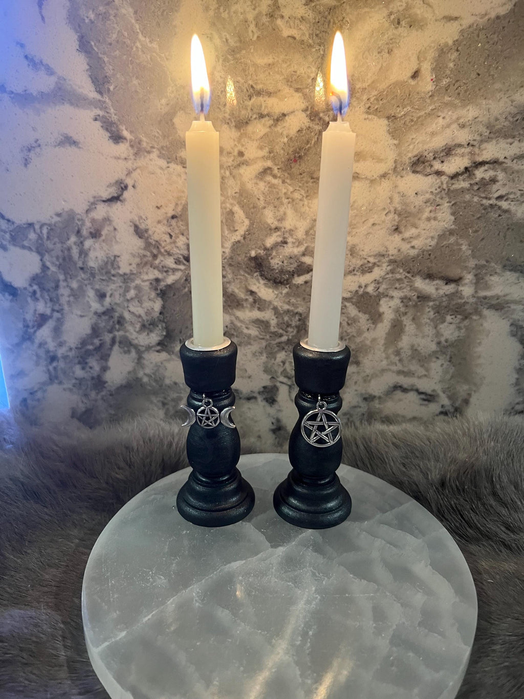 Wooden Chime Candle Holder: Ebony Black Altar Decor with Charm