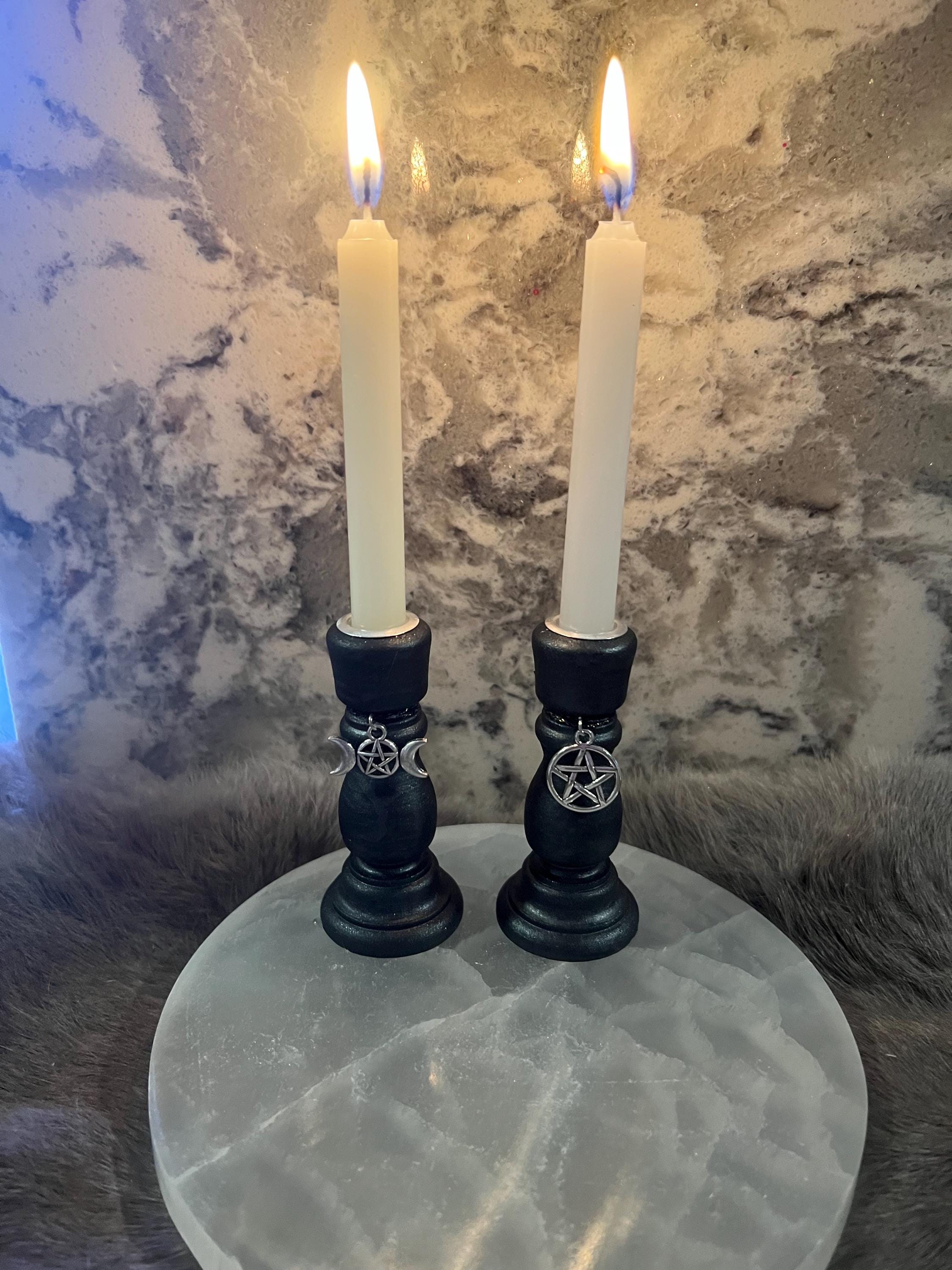 Wooden Chime Candle Holder: Ebony Black Altar Decor with Charm