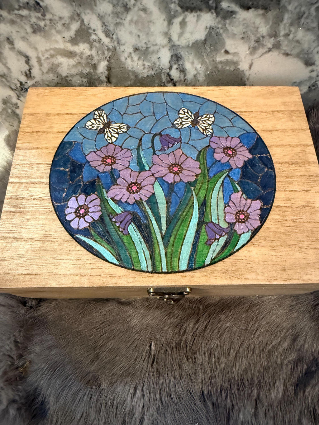 Handmade Garden Altar Box: Wood Burned Stained Glass Style