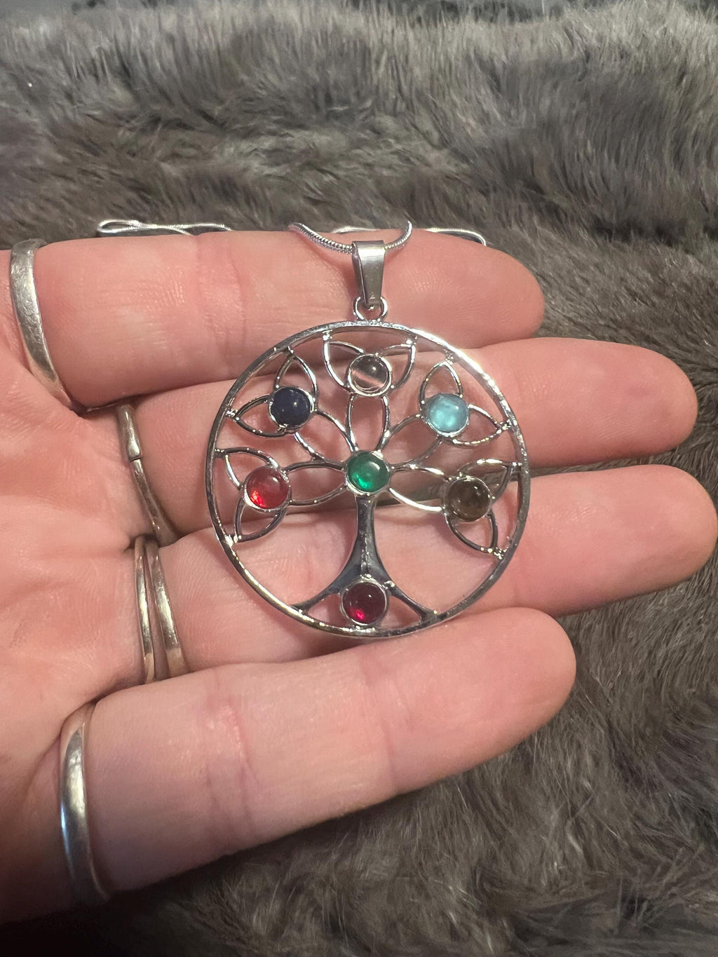 Celtic Tree of Life Necklace: Gemstone Inlay Pendant, Silver Chain