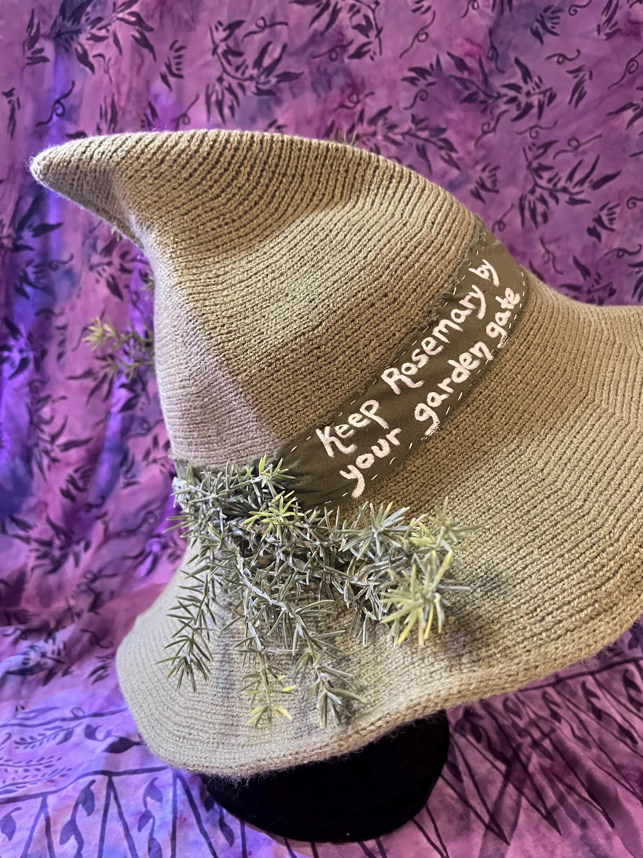 Knit Witch Hat: Green Linen Band, Faux Rosemary Decor