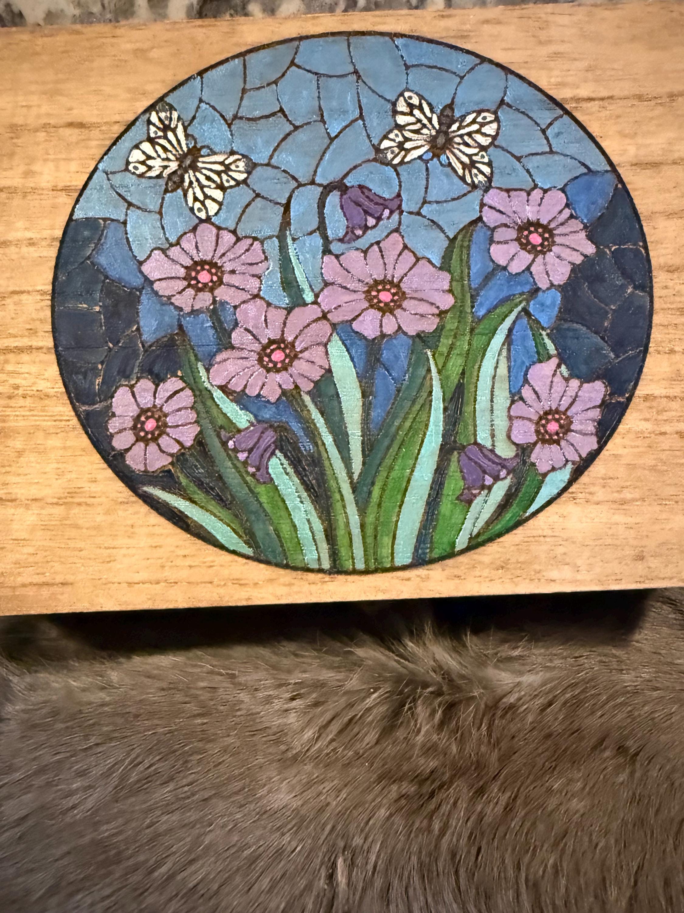 Handmade Garden Altar Box: Wood Burned Stained Glass Style