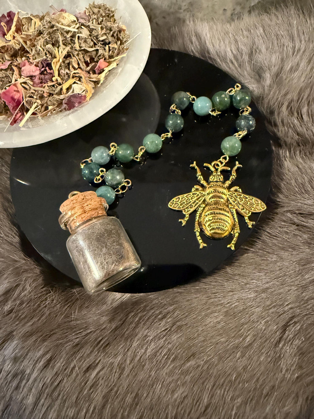 Brigid Deity Prayer Beads: Moss Beads, Bee Charm, Sheep's Wool
