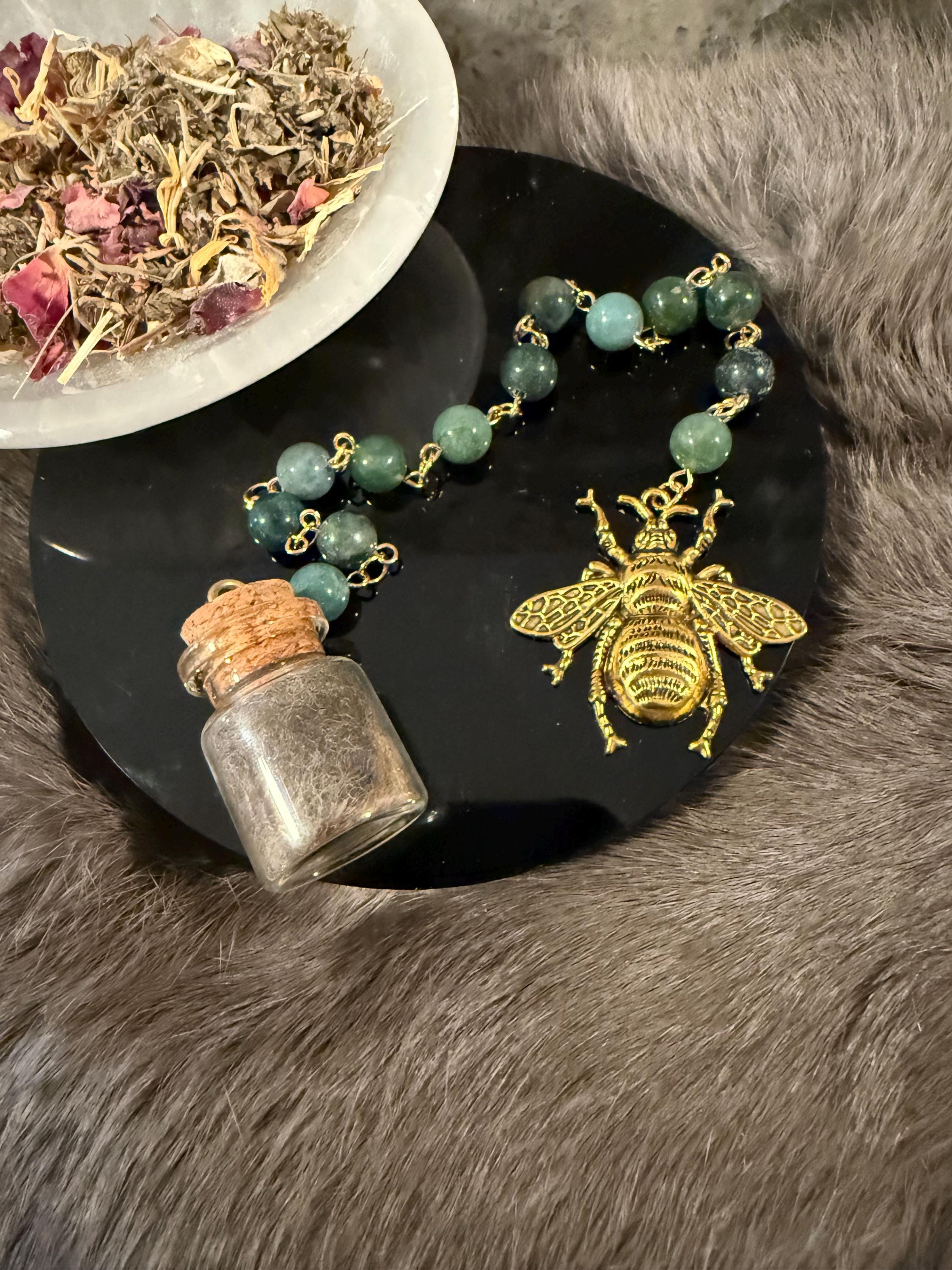 Brigid Deity Prayer Beads: Moss Beads, Bee Charm, Sheep's Wool