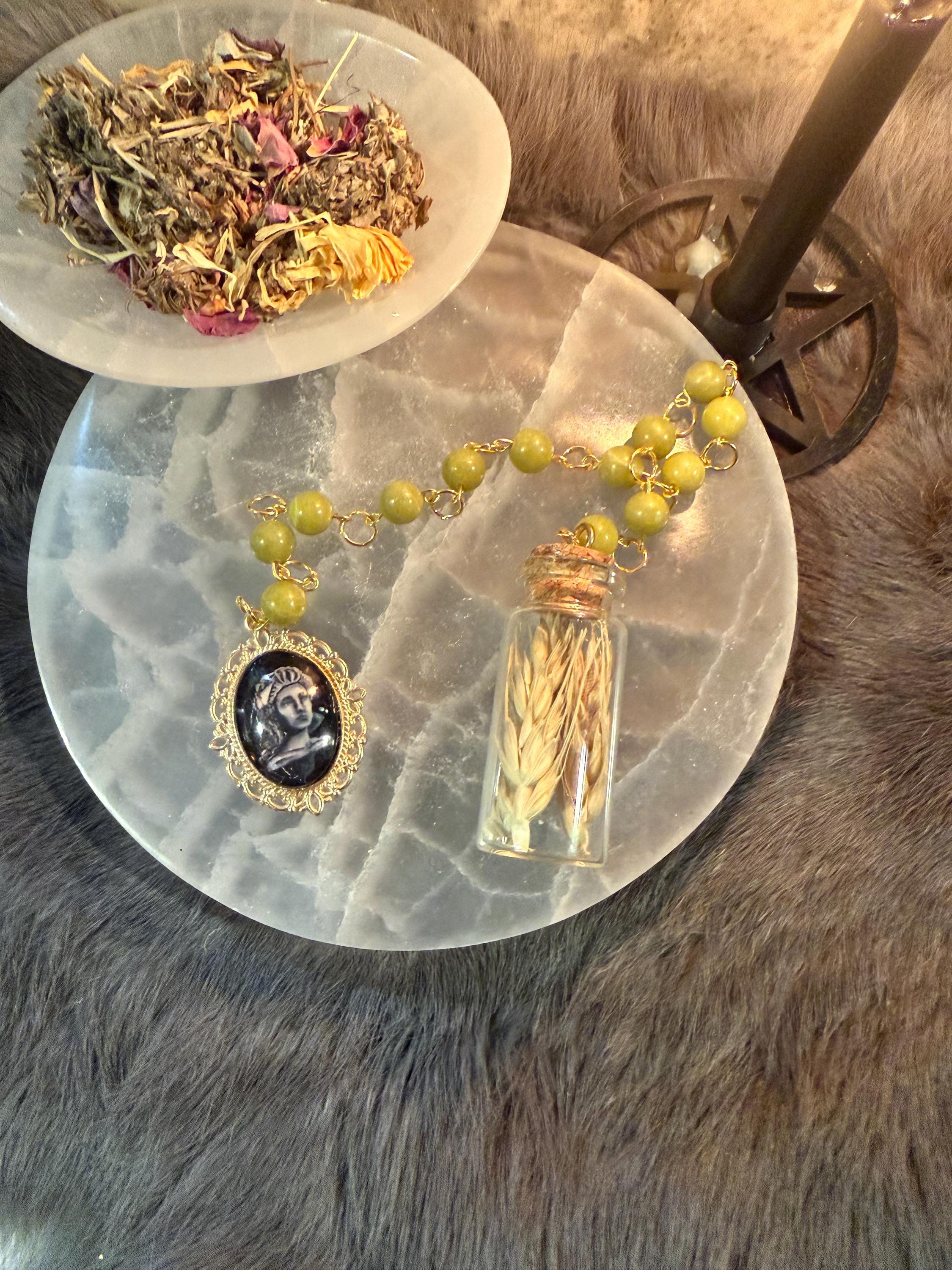 Demeter Prayer Beads: Green Jade, Dried Wheat, Goddess Altar Tool