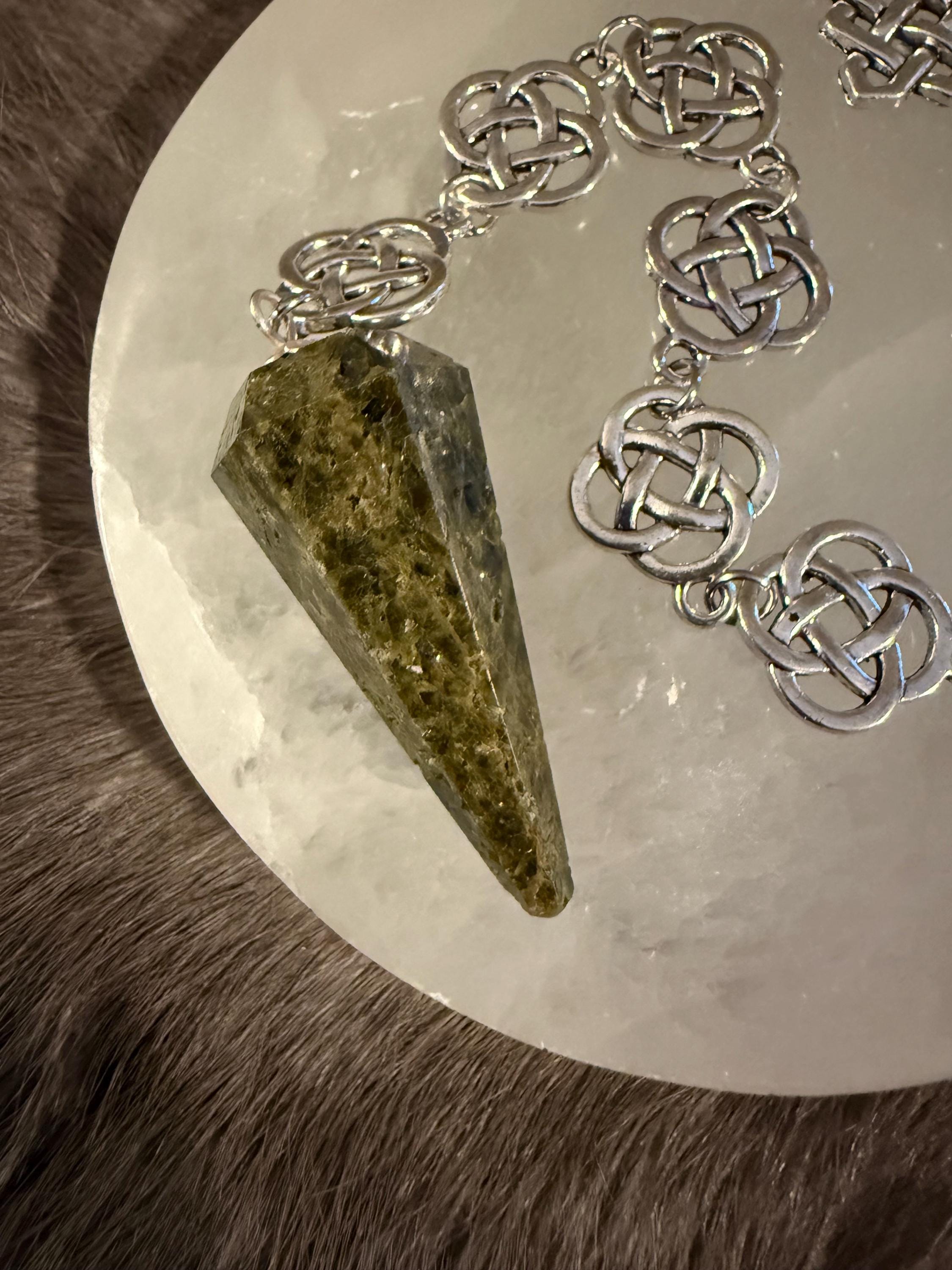 Green Tourmaline Pendulum: Beaded Celtic Knot Divination Tool