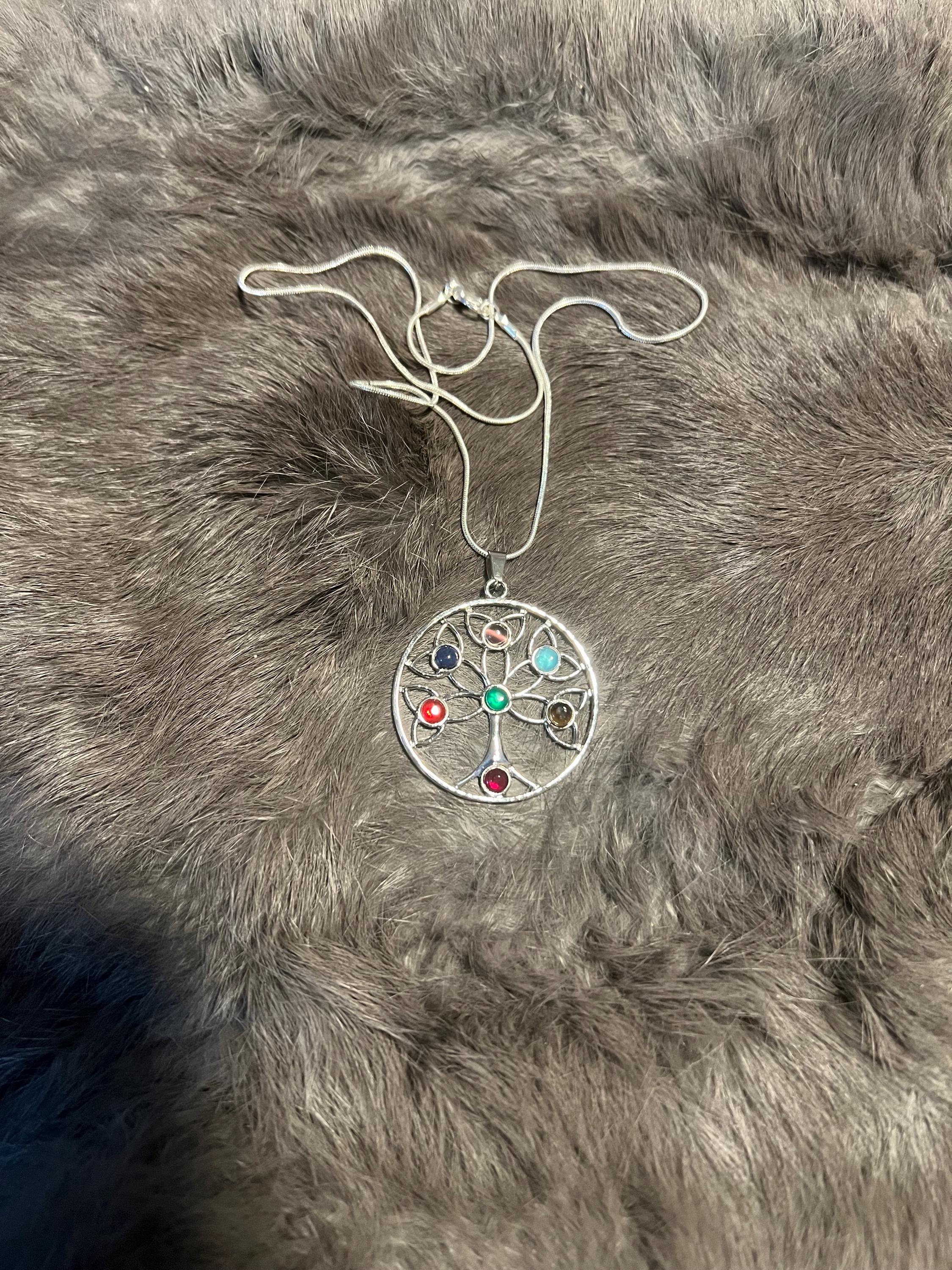 Celtic Tree of Life Necklace: Gemstone Inlay Pendant, Silver Chain