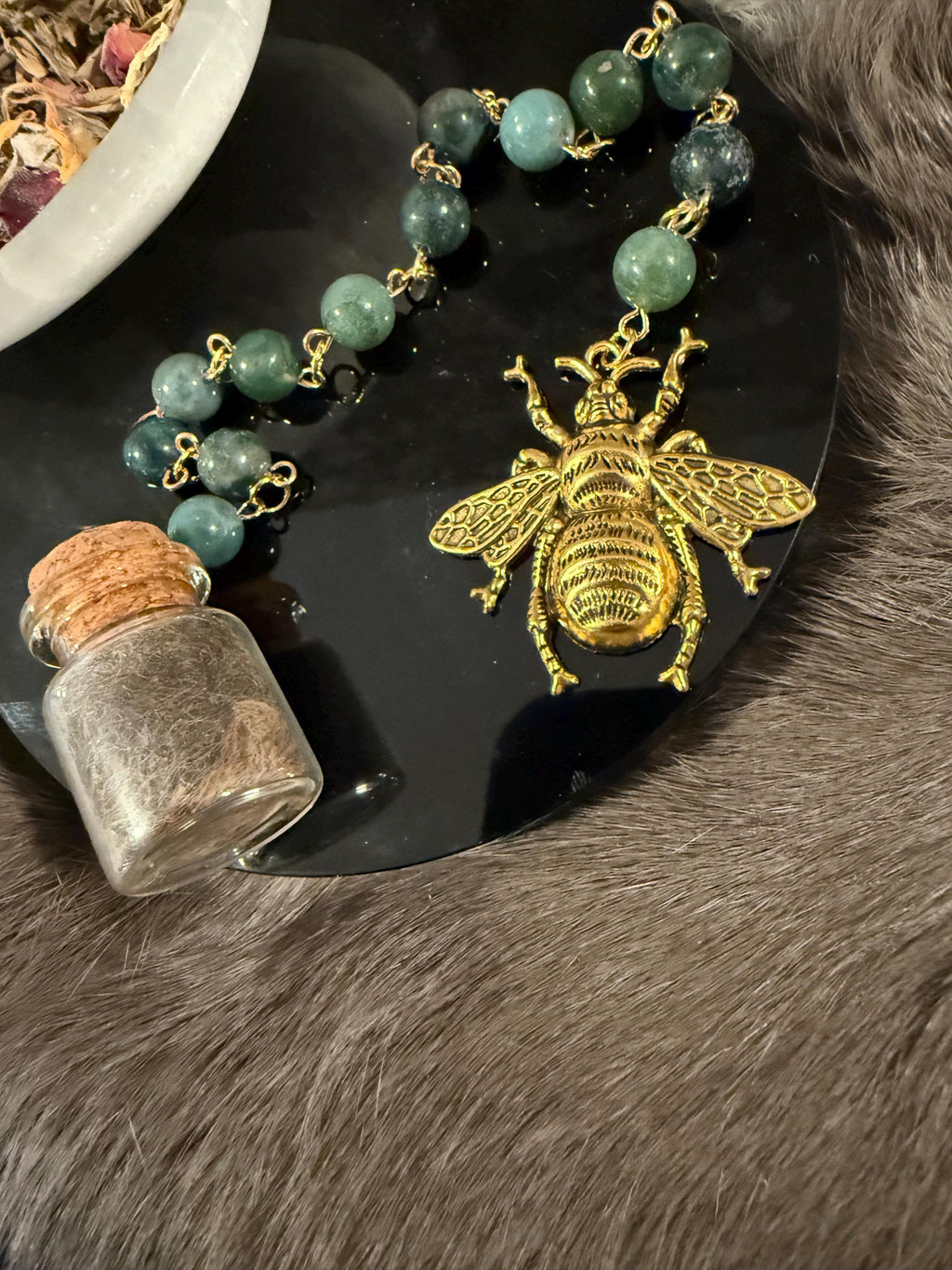 Brigid Deity Prayer Beads: Moss Beads, Bee Charm, Sheep's Wool