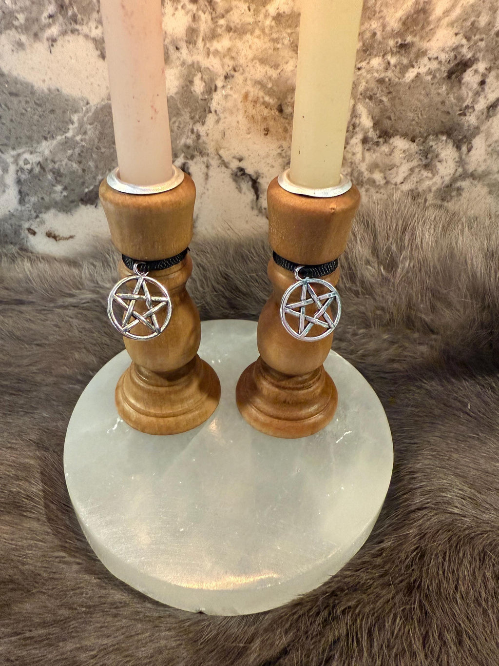 Wooden Chime Candle Holder: Golden Walnut Altar Decor with Pentacle Charm