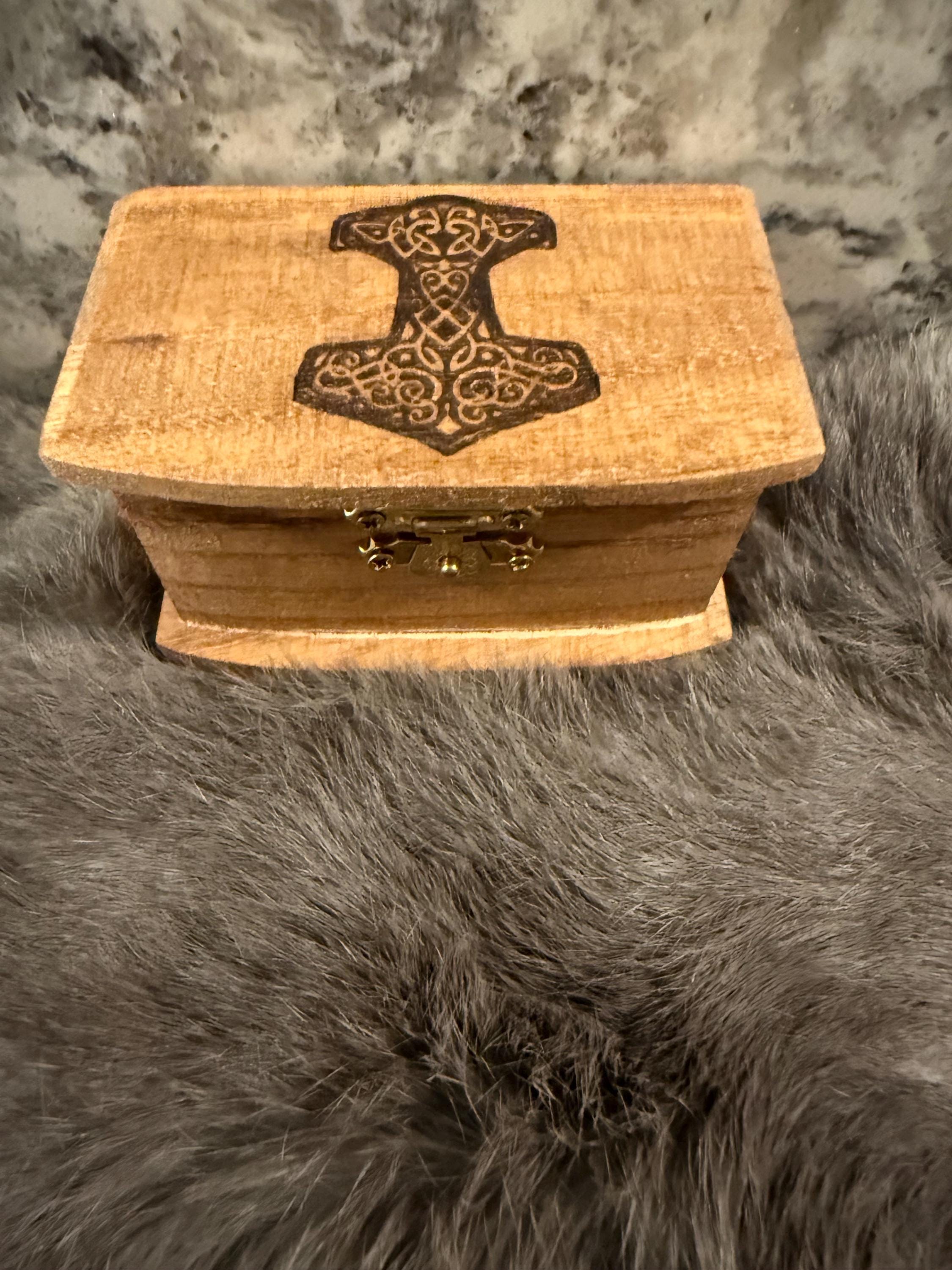 Gemstone Rune Set: Elder Futhark Runes With Thor’s Hammer Etched Wooden Box
