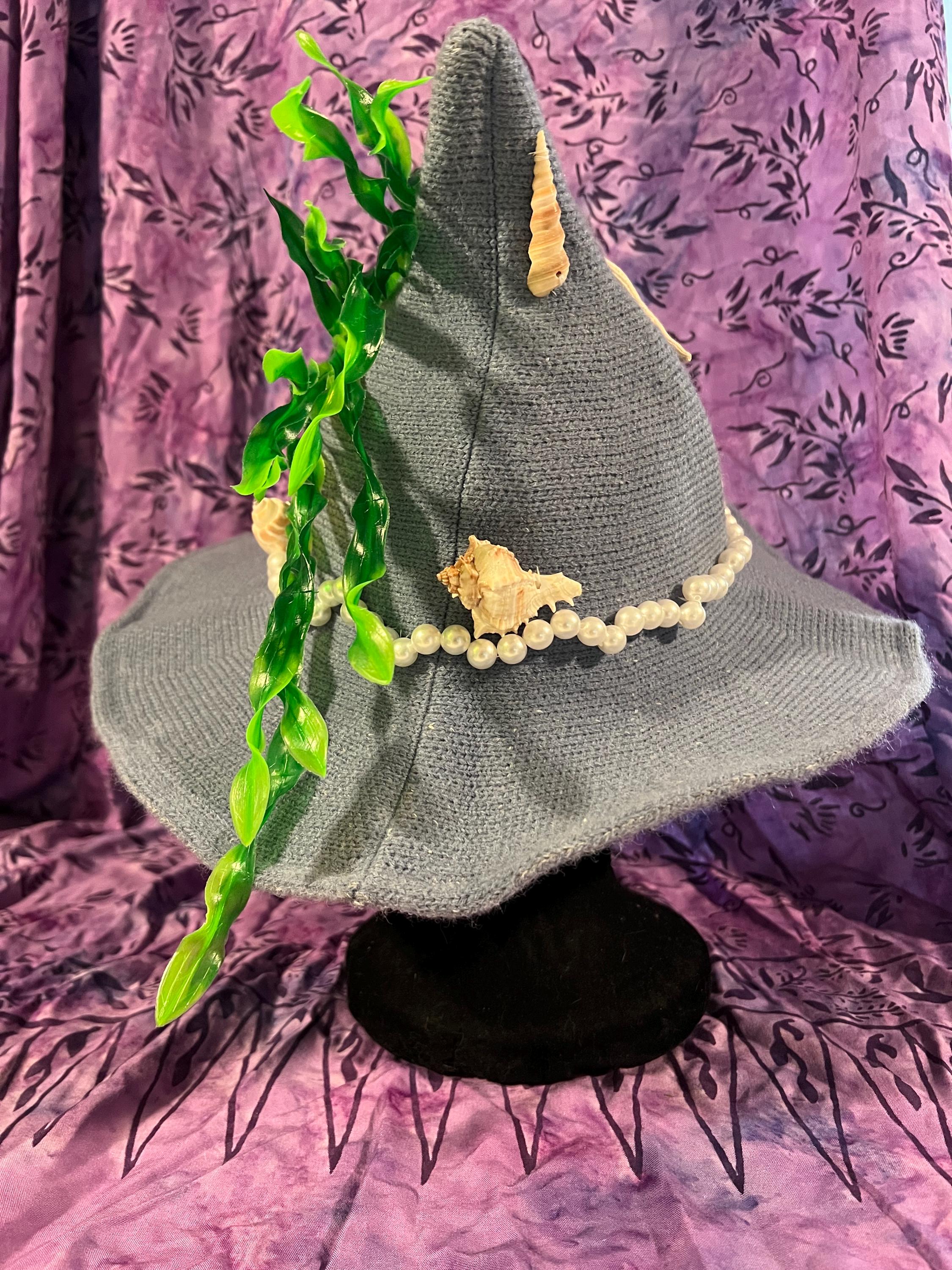 Sea Witch Knit Hat: Pale Blue Seashell Hat with Faux Seaweed