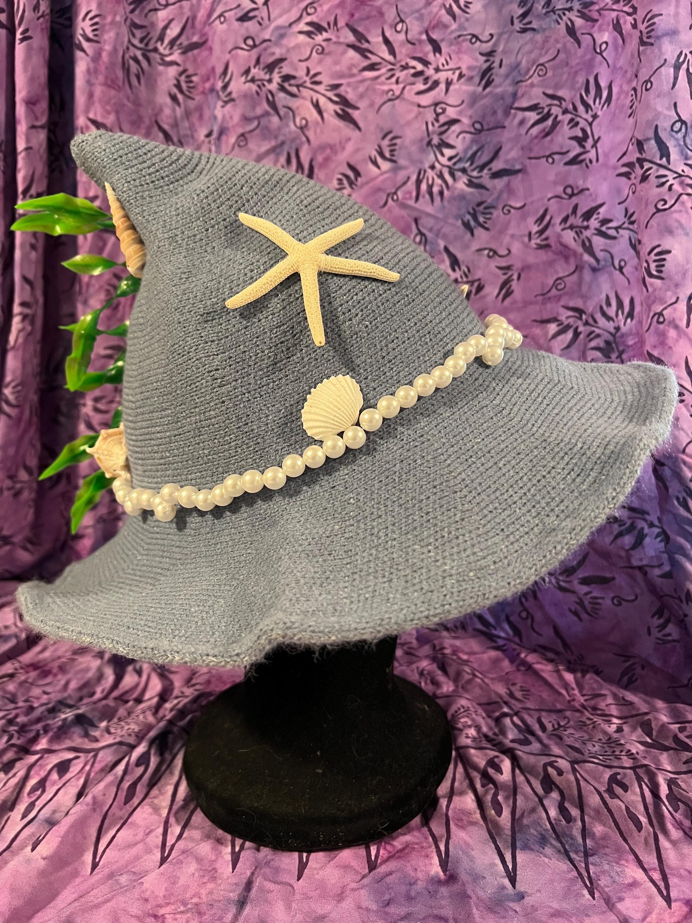 Sea Witch Knit Hat: Pale Blue Seashell Hat with Faux Seaweed