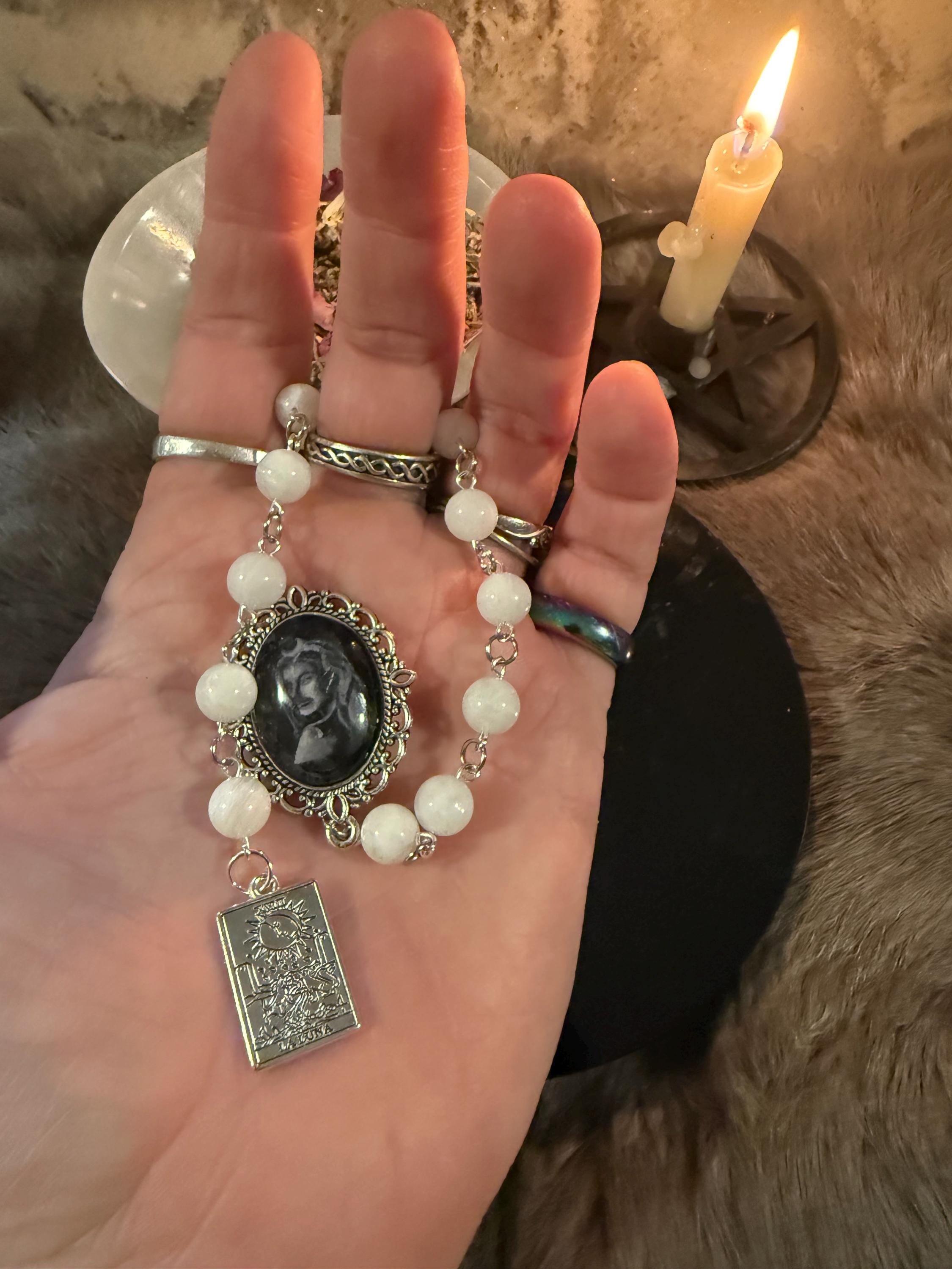 Nyx Prayer Beads: Rainbow Moonstone, La Luna Tarot Charm