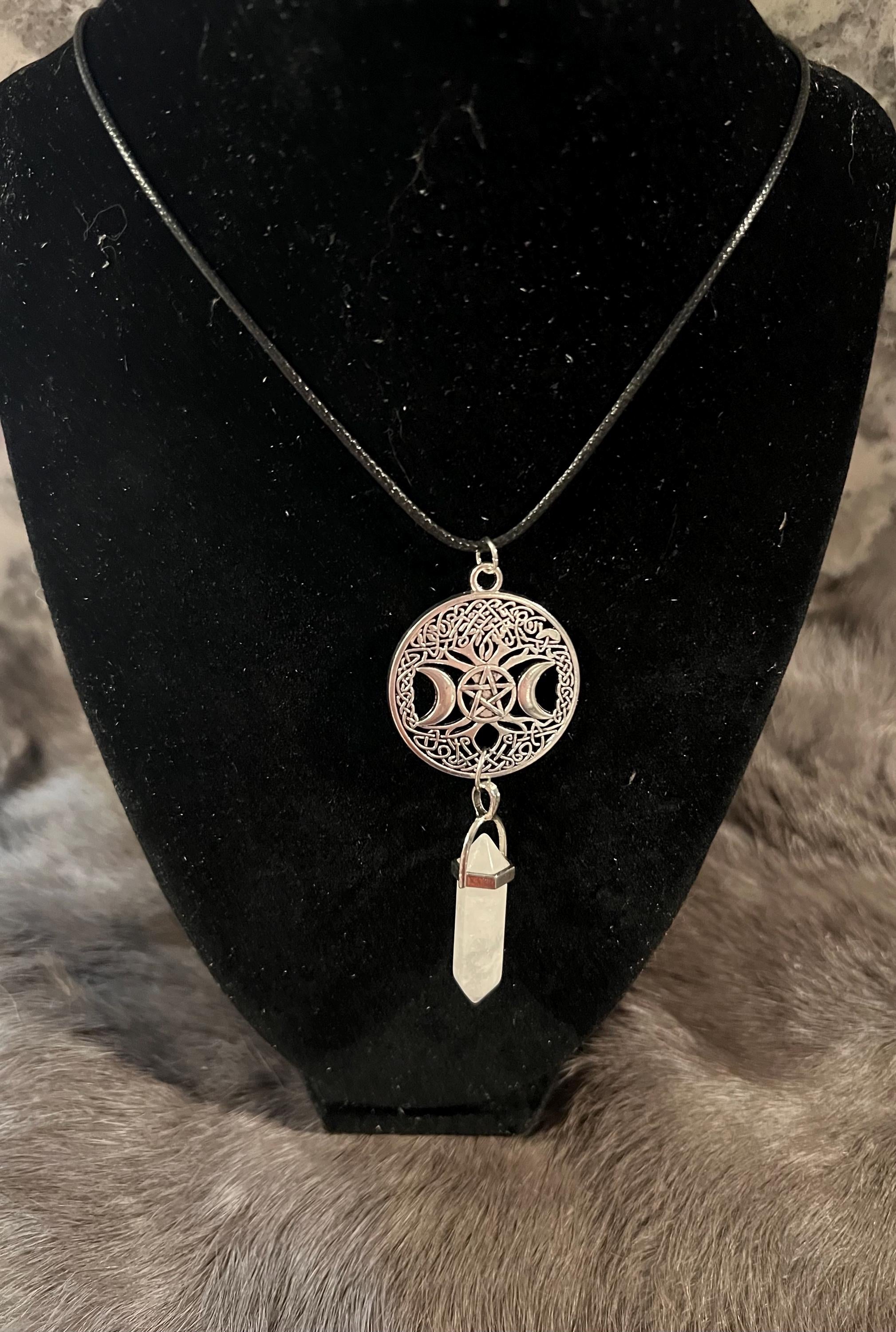 Triple Moon Pentacle Necklace: Quartz Witchy Pendant