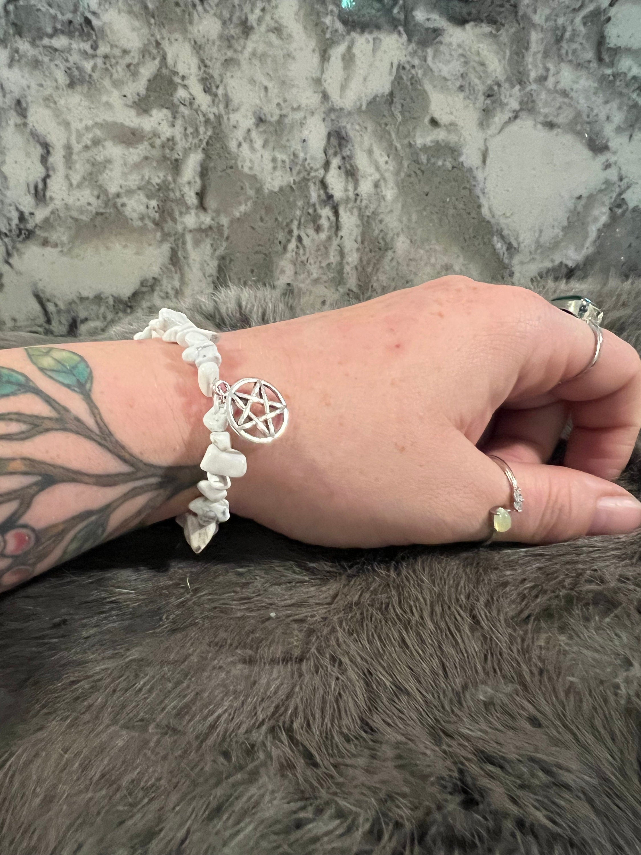 Handmade Howlite Chip Bracelet: Witchy Pentacle Charm
