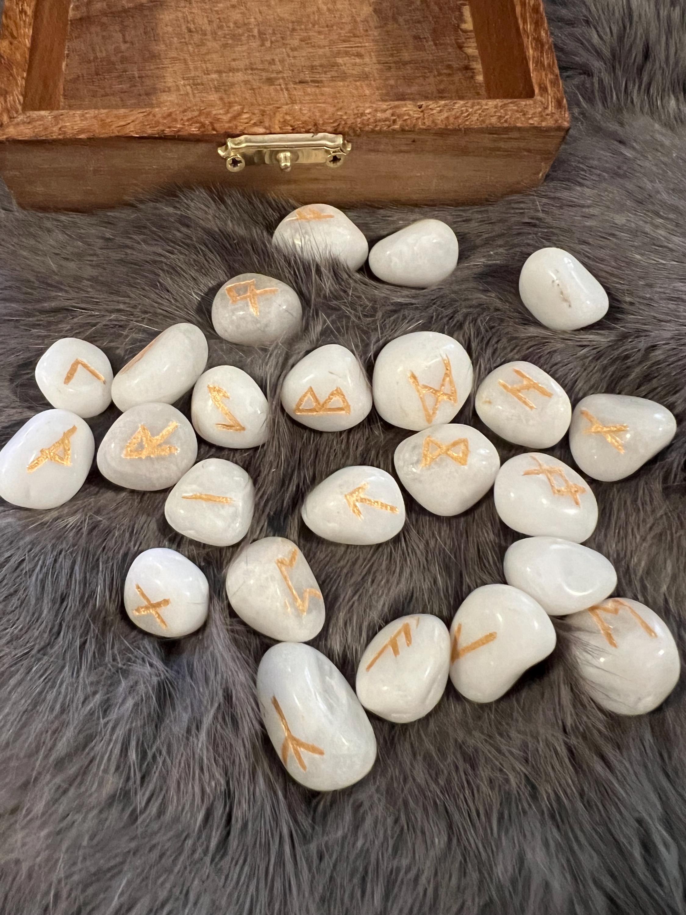 Quartz Rune Set - Gold Etched Elder Futhark, Yggdrasil Box
