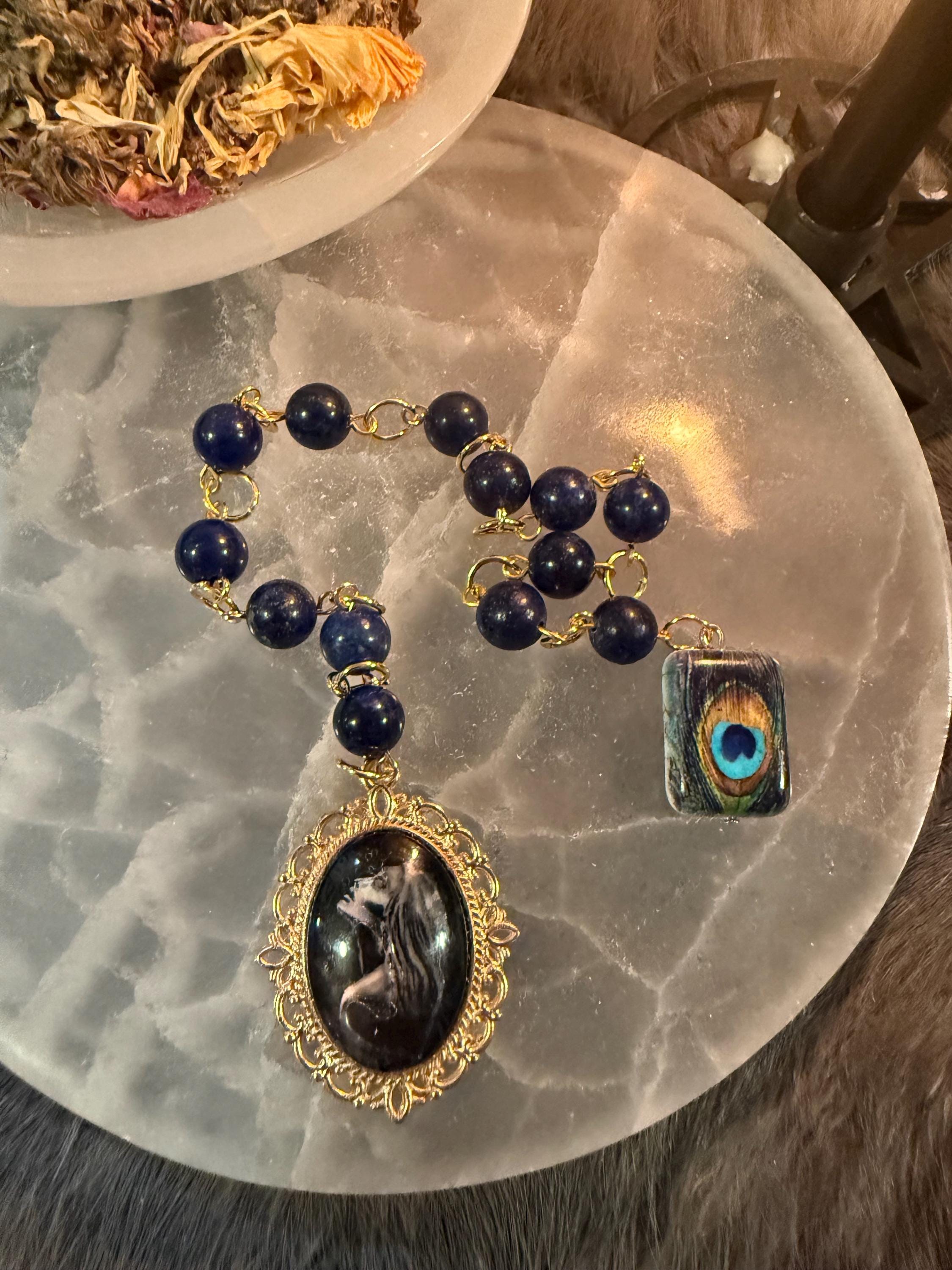 Hera Prayer Beads: Lapis Lazuli Goddess Rosary, Peacock Accent