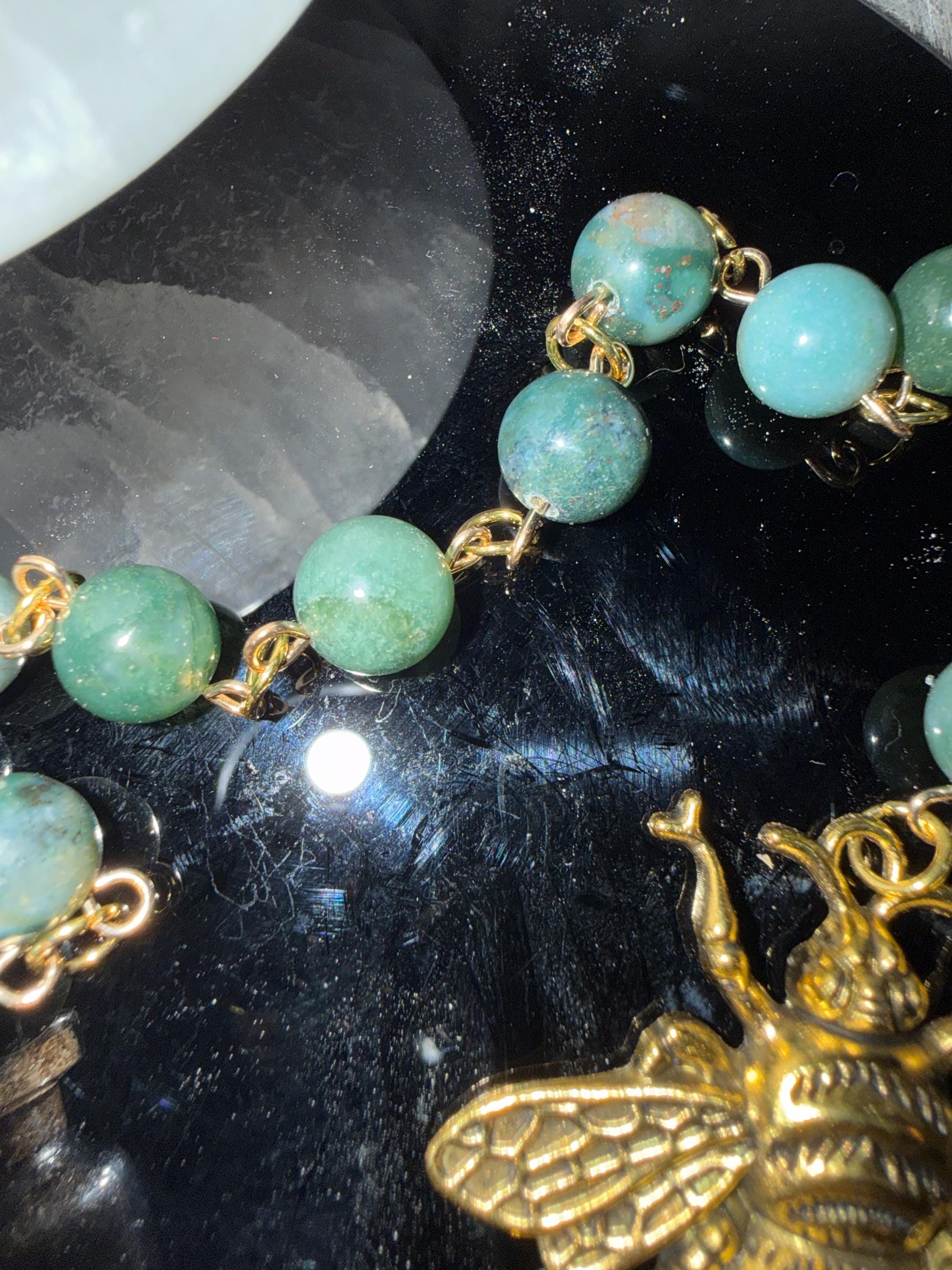 Brigid Deity Prayer Beads: Moss Beads, Bee Charm, Sheep's Wool