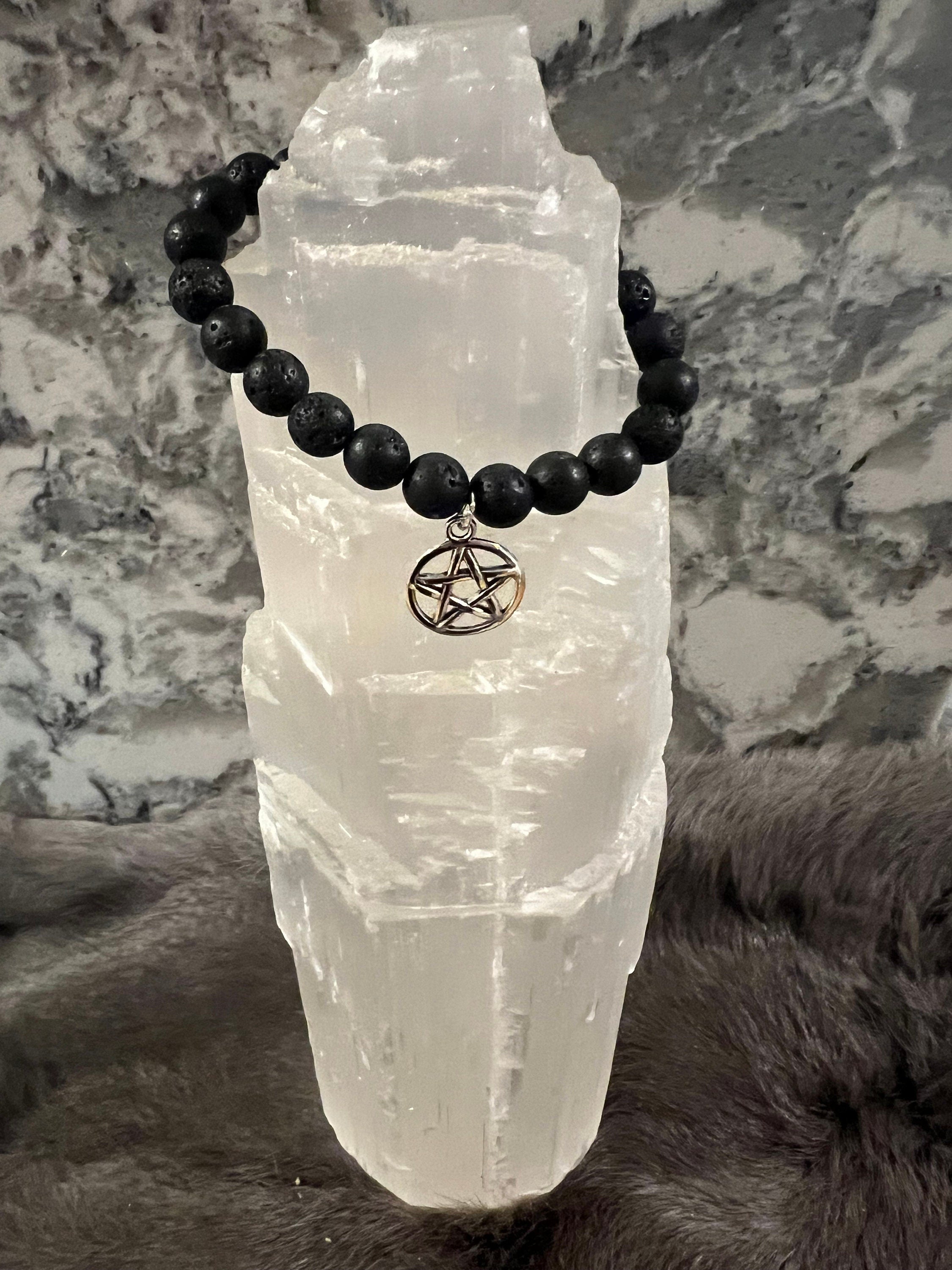 Hand Beaded Lava Stone Bracelet with Pentacle Charm