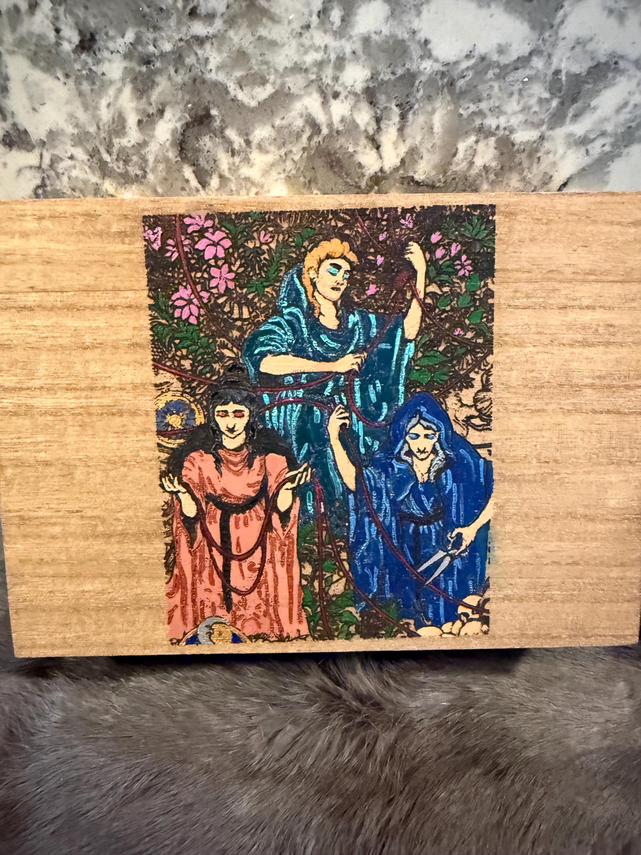 The Three Fates Altar Box: Wood Burned Greek Mythology Keepsake