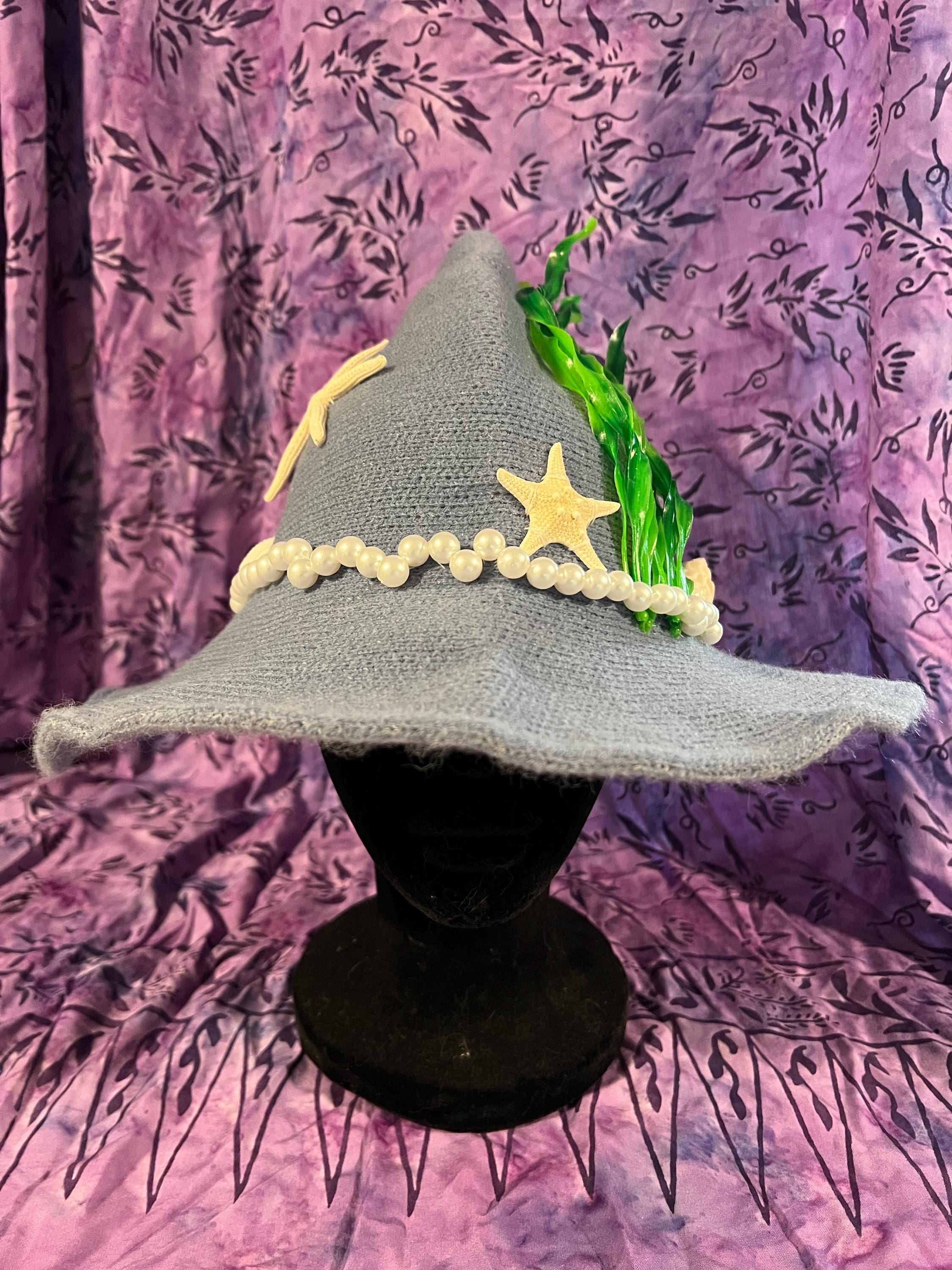 Sea Witch Knit Hat: Pale Blue Seashell Hat with Faux Seaweed
