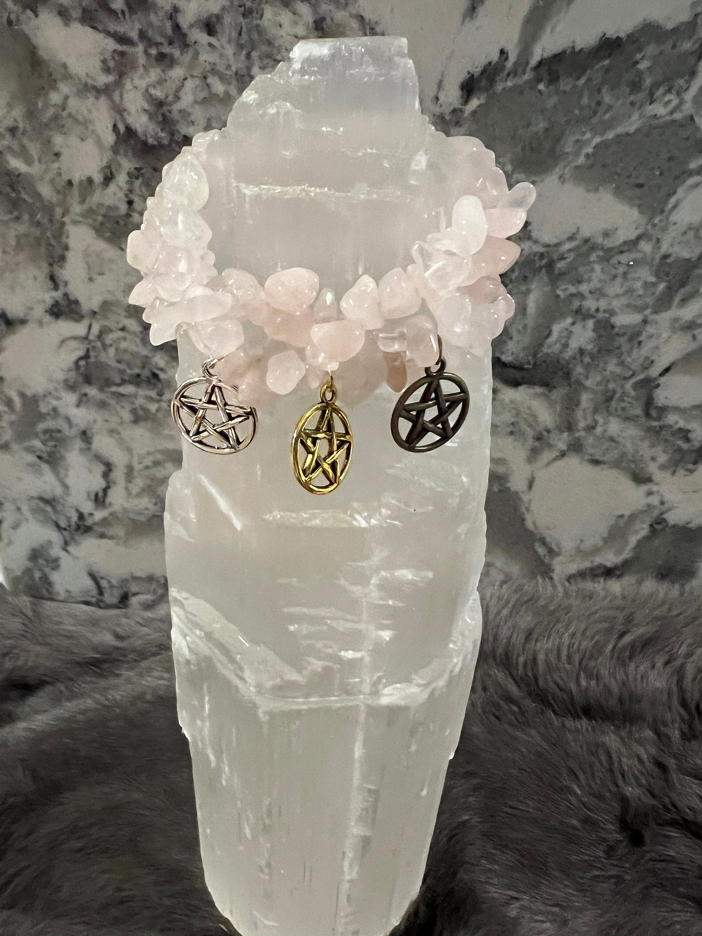 Handmade Rose Quartz Chip Bracelet: Gemstone Pentacle Charm