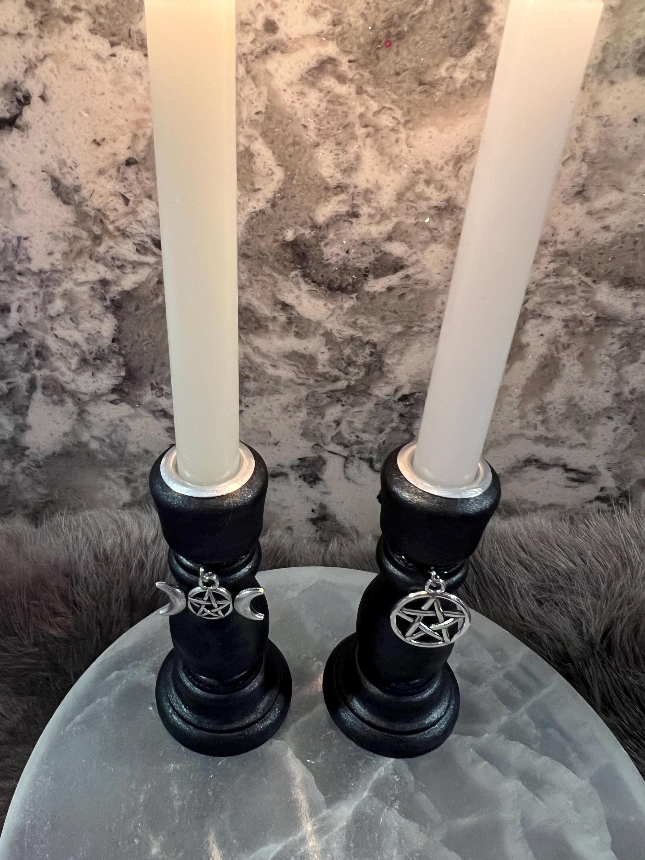 Wooden Chime Candle Holder: Ebony Black Altar Decor with Charm
