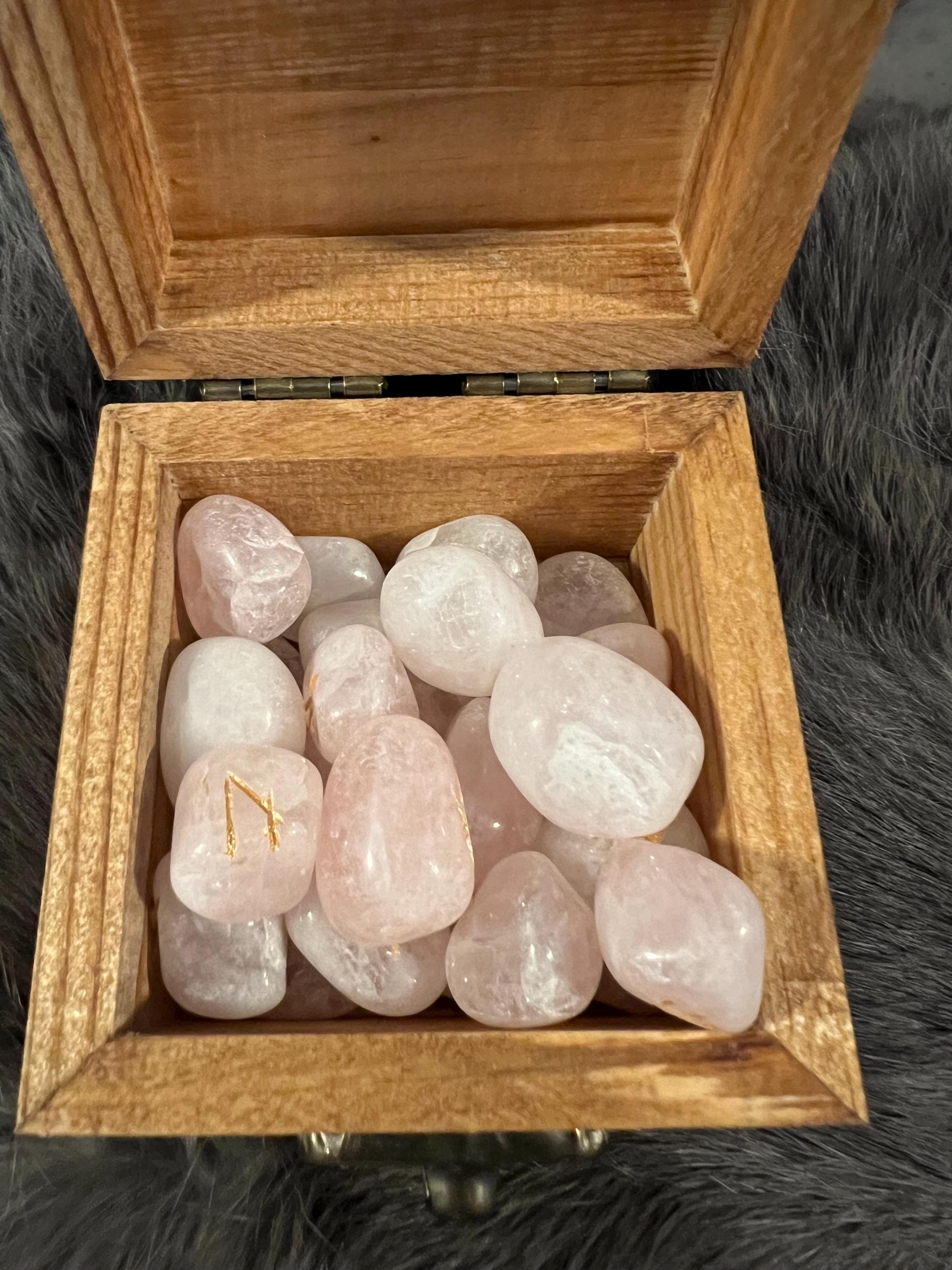 Rose Quartz Elder Futhark Rune Set – Etched Gold, Freya Box