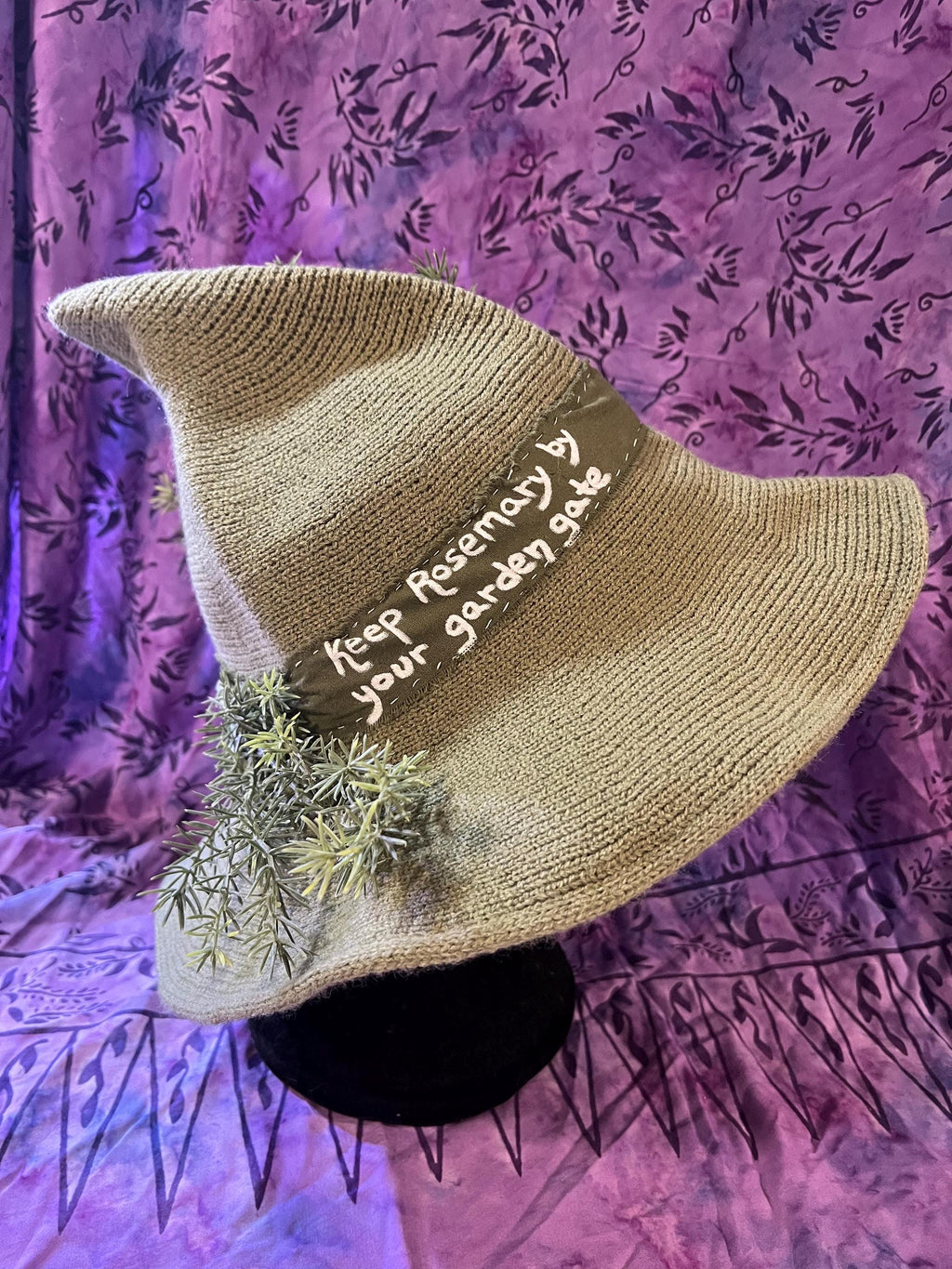 Knit Witch Hat: Green Linen Band, Faux Rosemary Decor