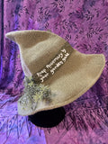 Knit Witch Hat: Green Linen Band, Faux Rosemary Decor