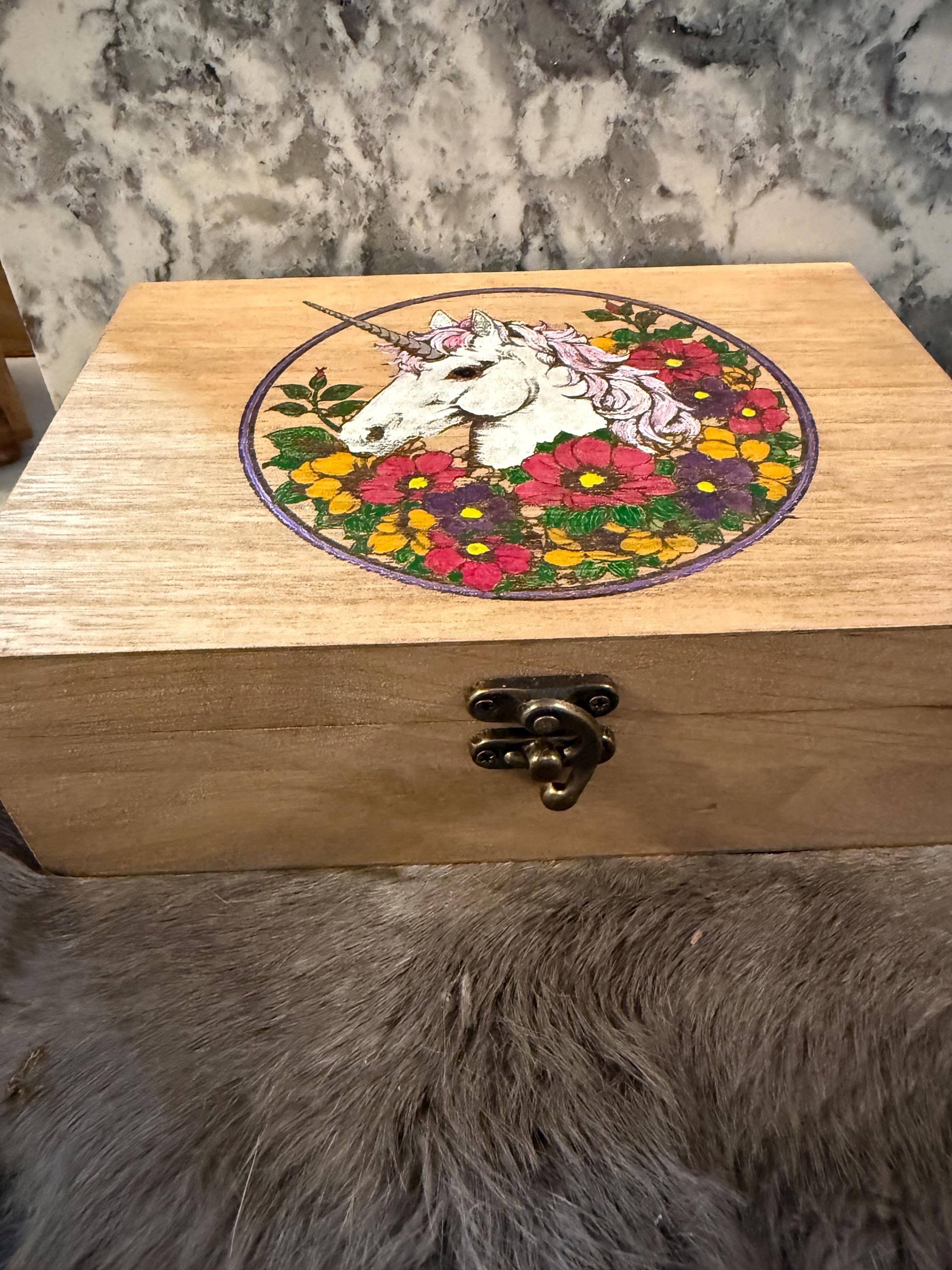 Wood Burned Unicorn Altar Box: Fantasy Wildflower Design