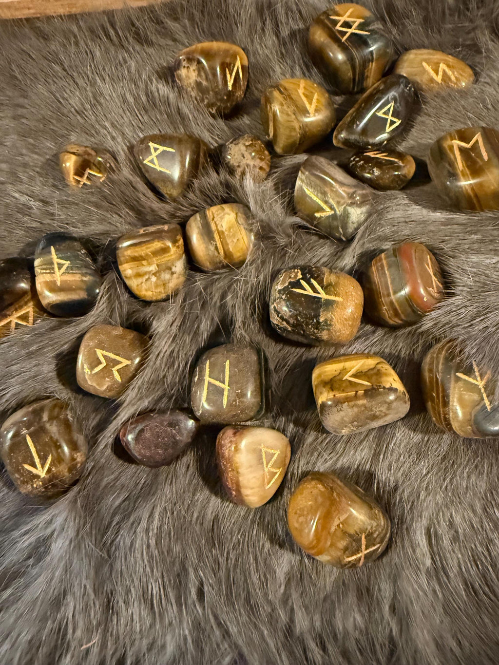 Gemstone Rune Set: Elder Futhark Runes With Crossed Viking Axes Etched Wooden Box
