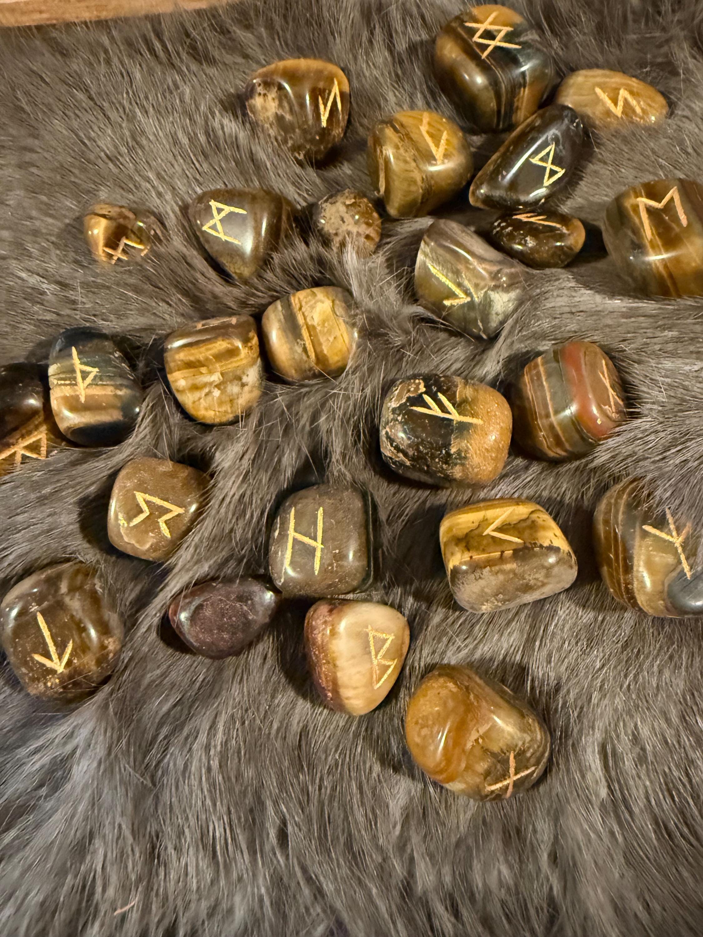Gemstone Rune Set: Elder Futhark Runes With Crossed Viking Axes Etched Wooden Box