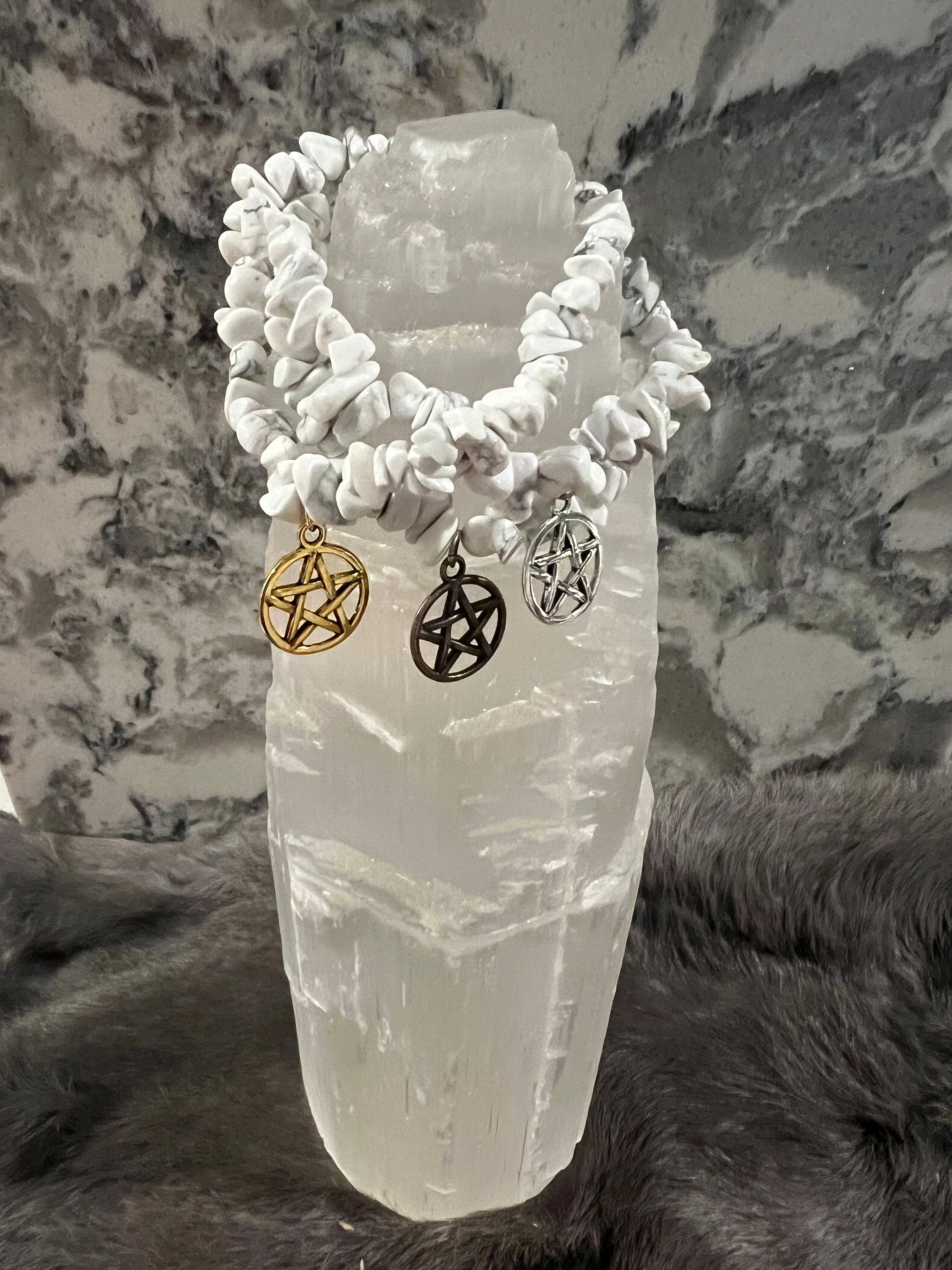 Handmade Howlite Chip Bracelet: Witchy Pentacle Charm
