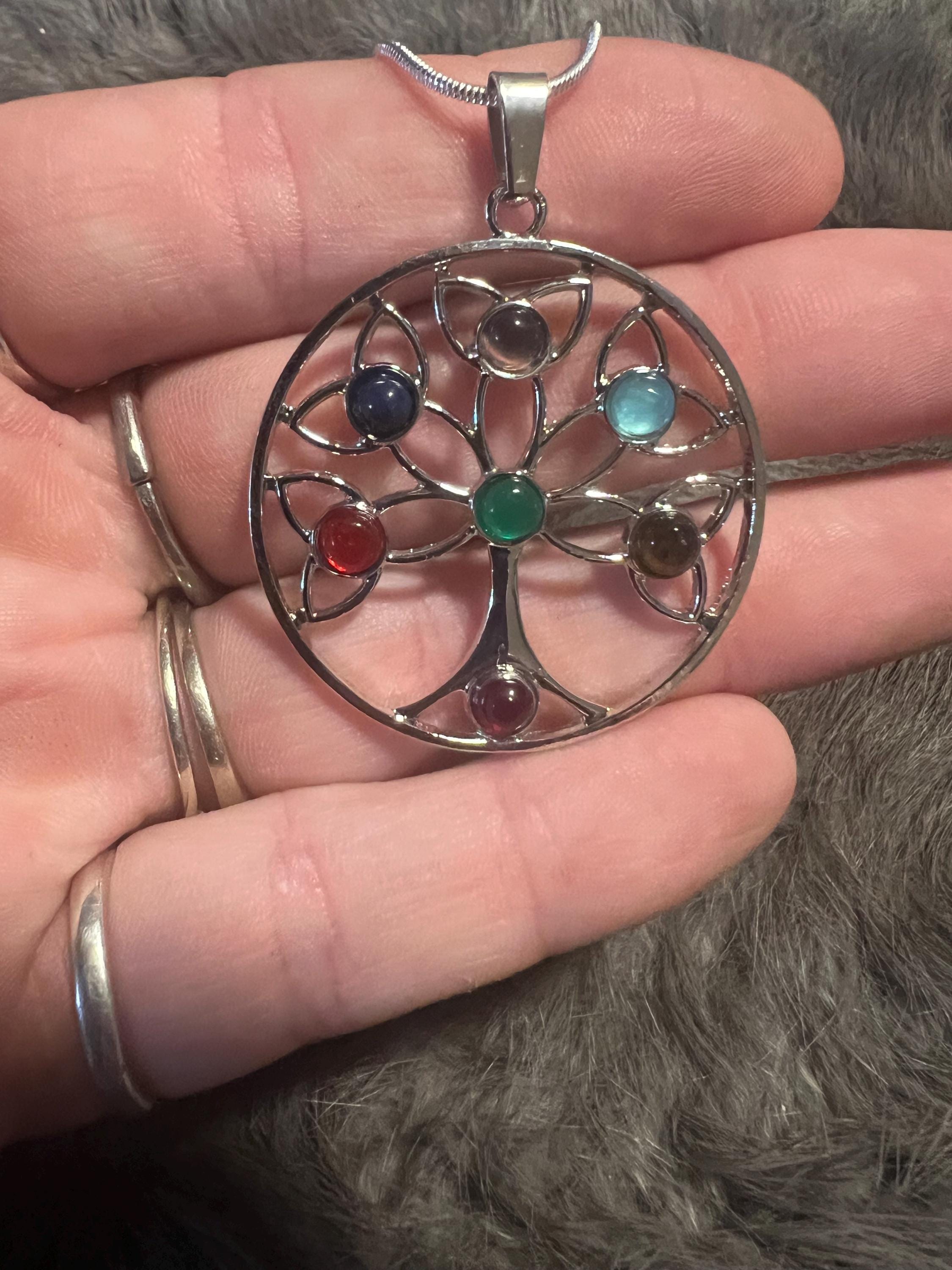 Celtic Tree of Life Necklace: Gemstone Inlay Pendant, Silver Chain