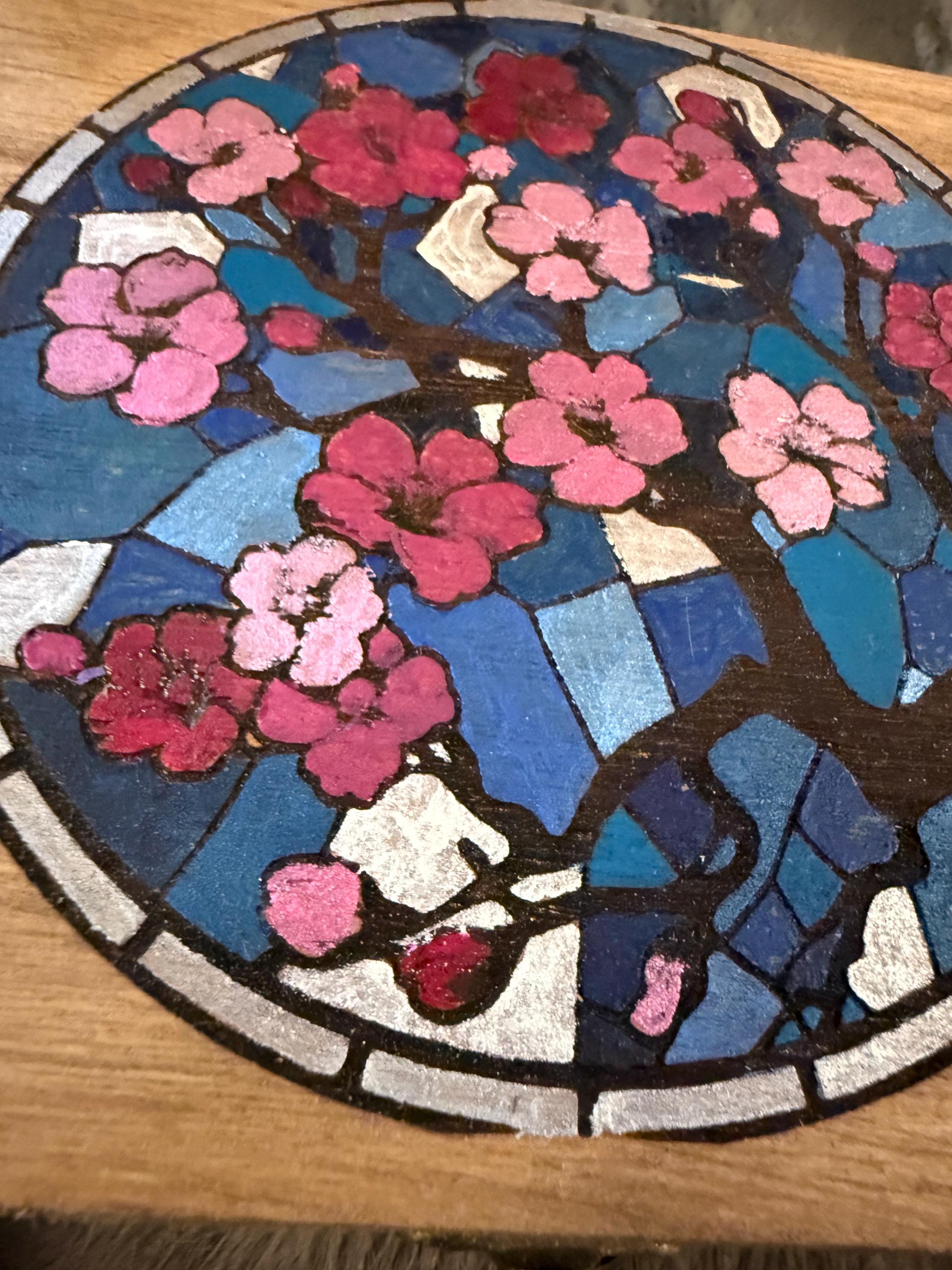 Cherry Blossom Altar Box: Stained Glass Style, Wood Burned