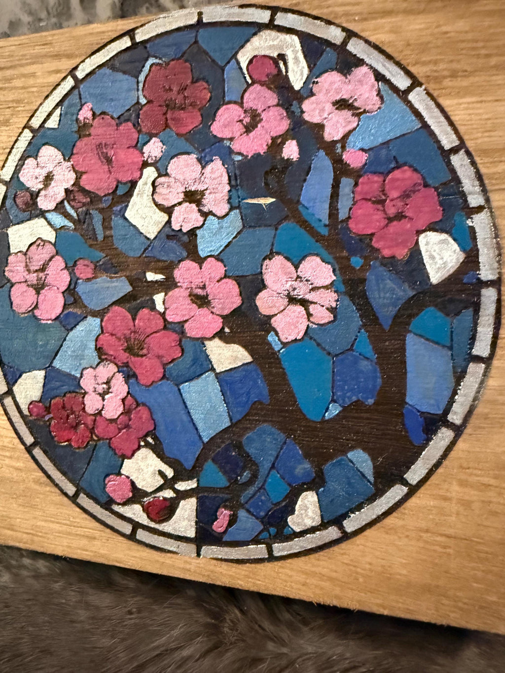 Cherry Blossom Altar Box: Stained Glass Style, Wood Burned