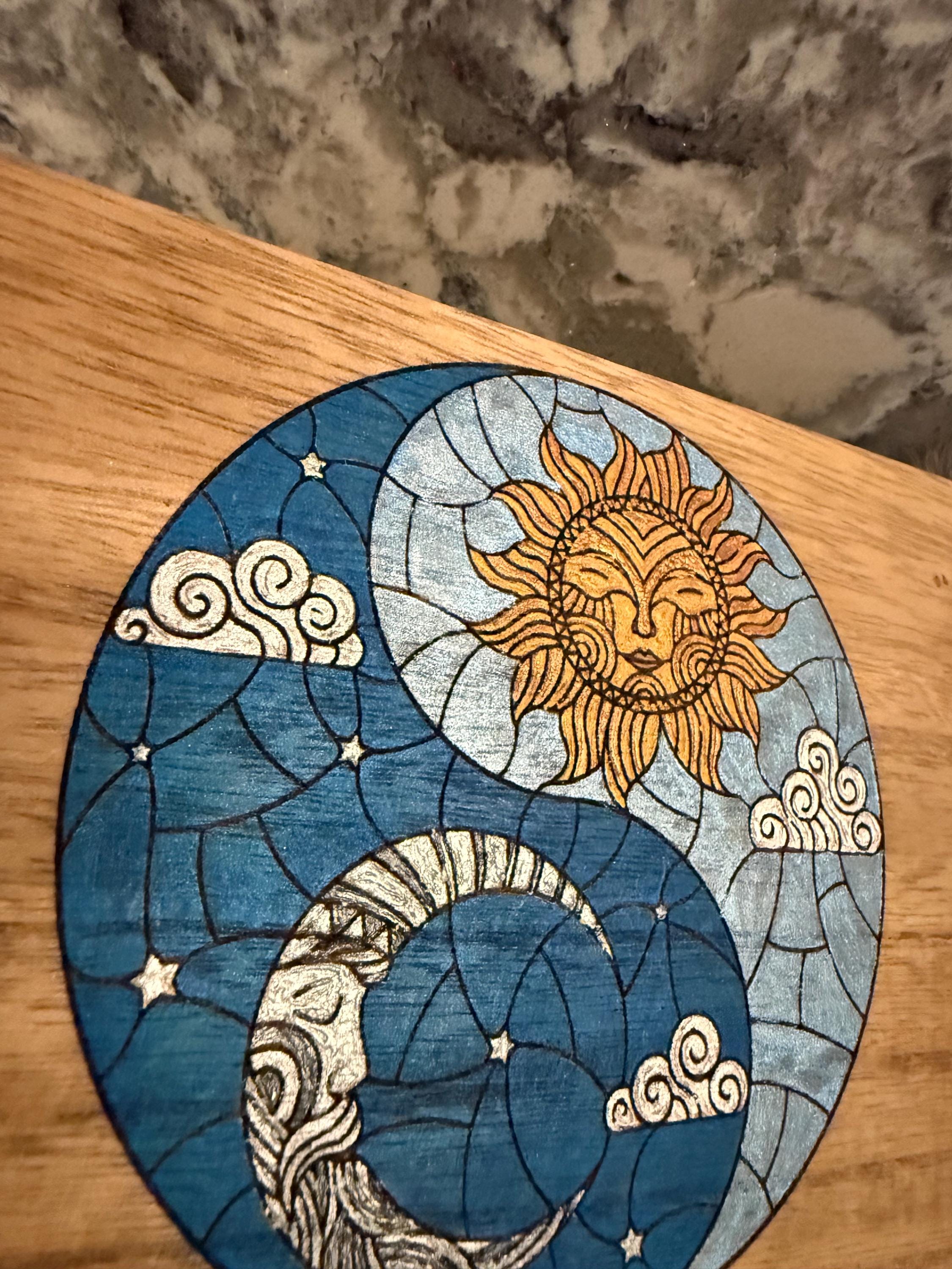 Celestial Yin Yang Altar Box: Wood Burned Sun & Moon