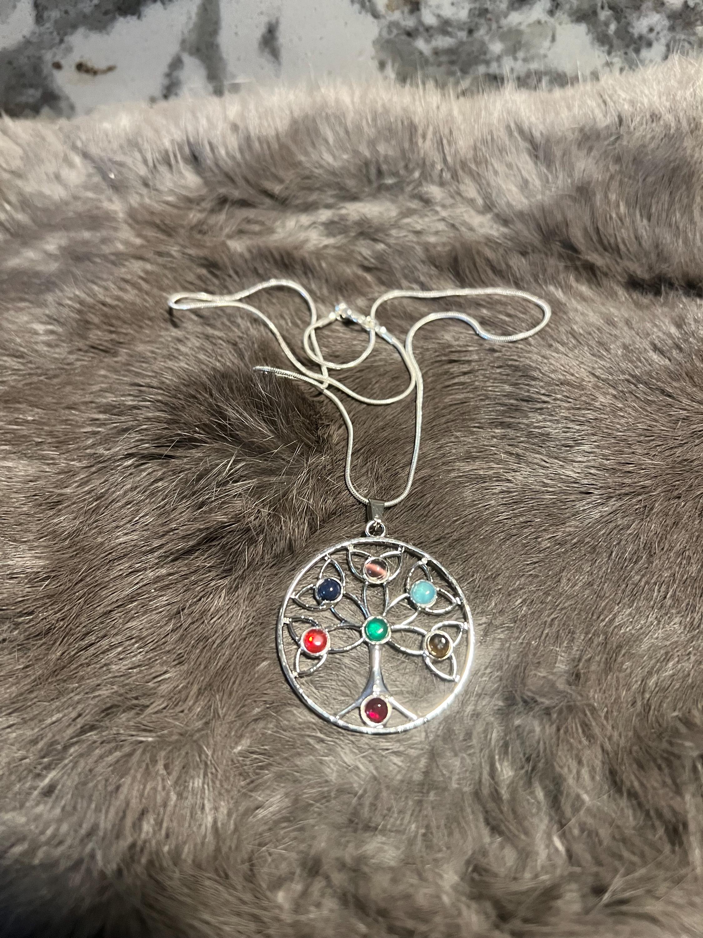 Celtic Tree of Life Necklace: Gemstone Inlay Pendant, Silver Chain