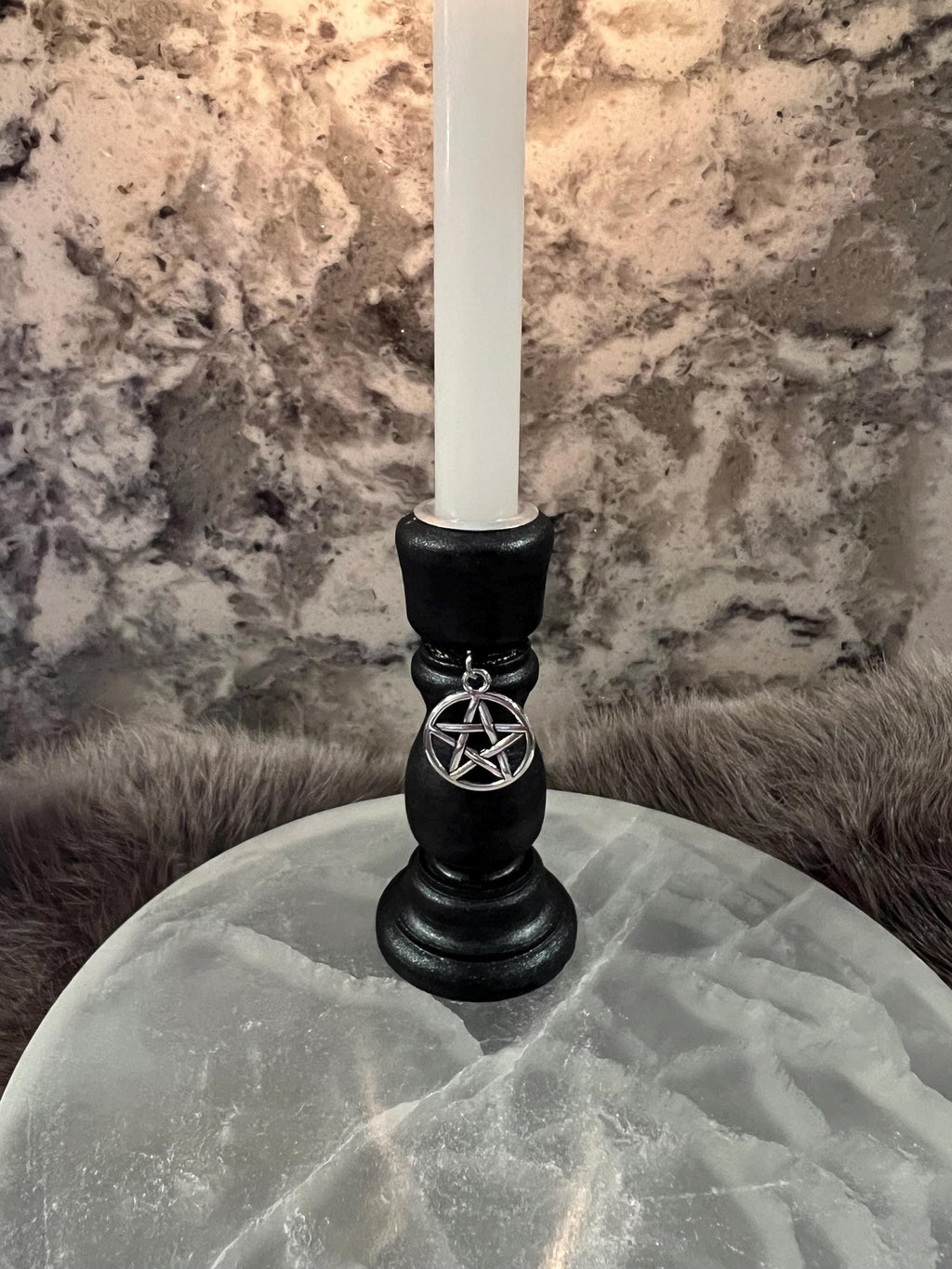 Wooden Chime Candle Holder: Ebony Black Altar Decor with Charm