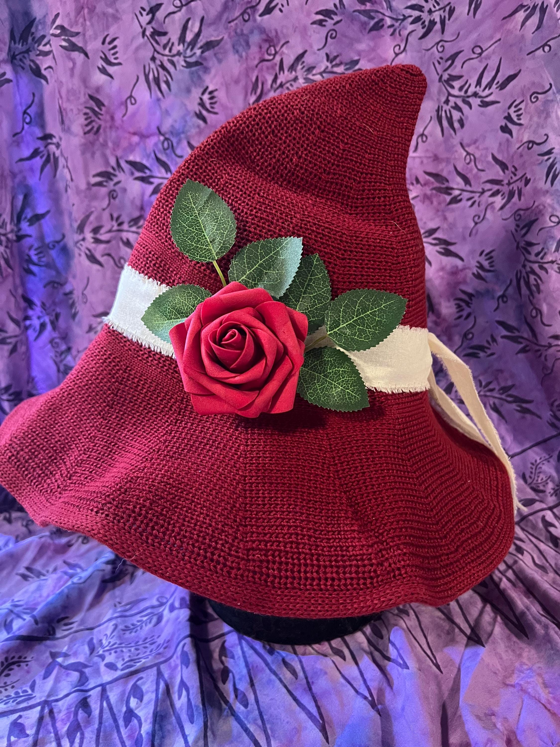 Red Knit Witch Hat: Practical Magic Inspired, Rose & Charm Detail
