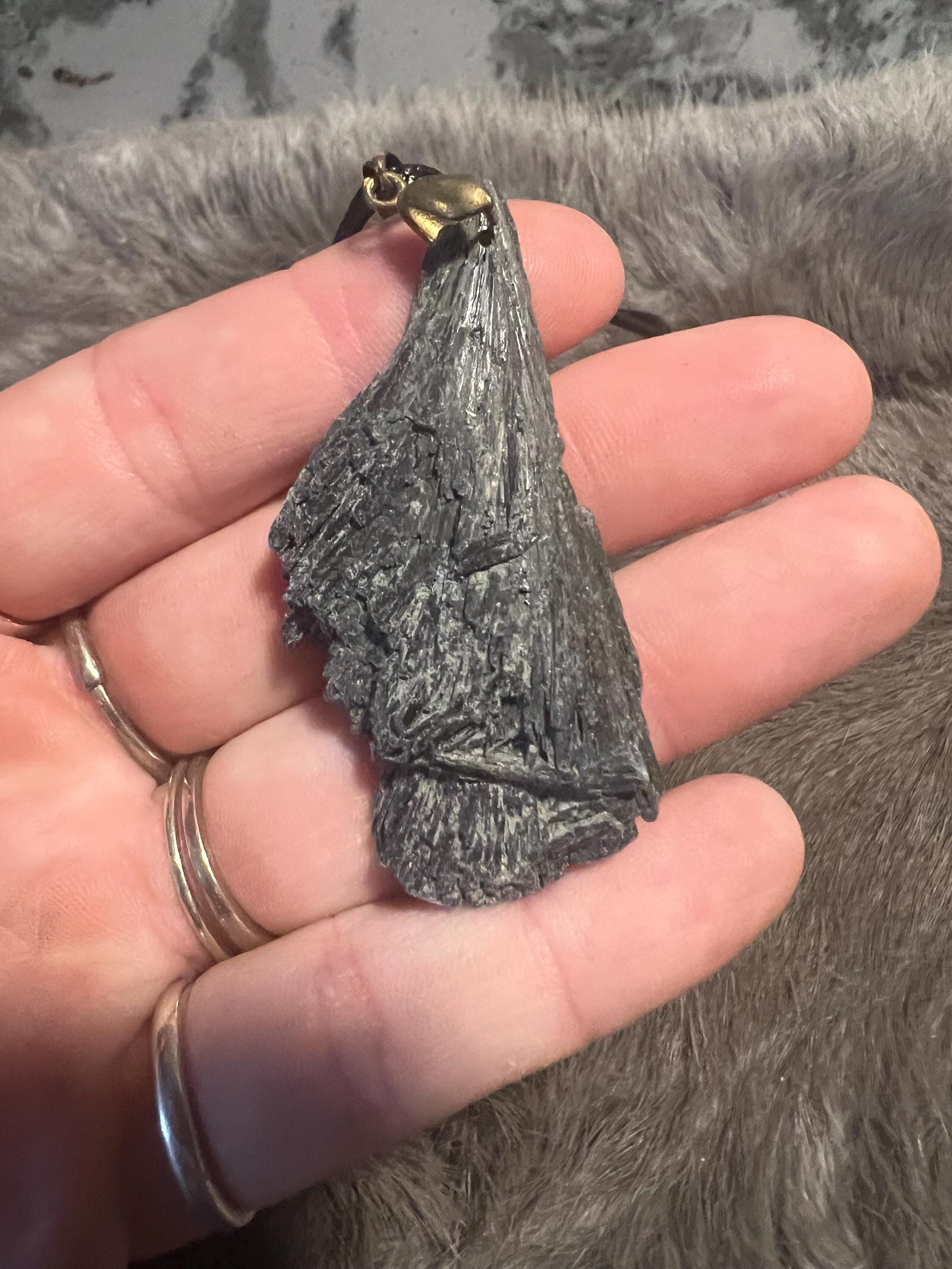 Black Kyanite Broom Pendant Necklace - Witchy Gemstone Jewelry