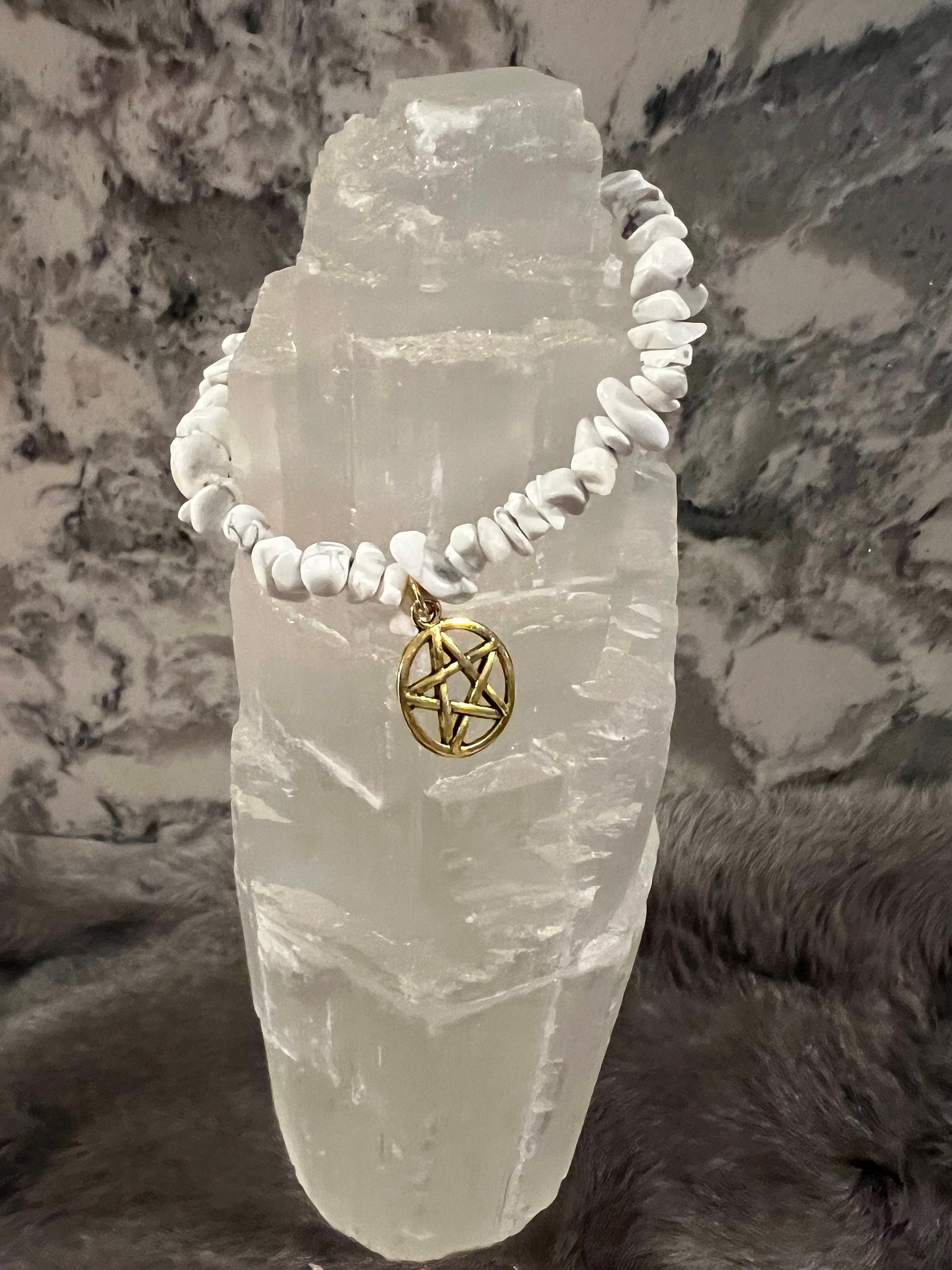 Handmade Howlite Chip Bracelet: Witchy Pentacle Charm