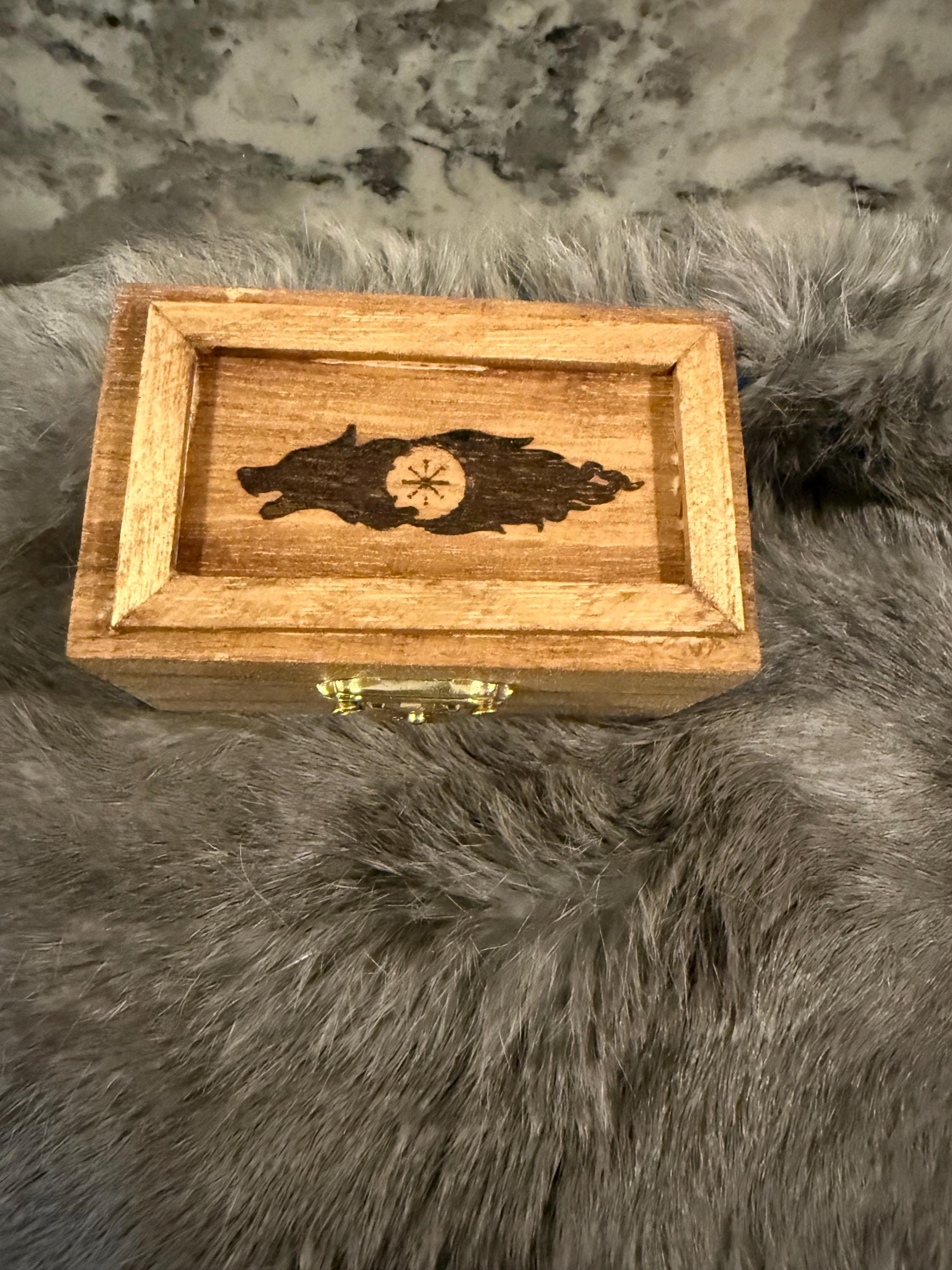 Gemstone Rune Set: Elder Futhark Runes With Fenrir Etched Wooden Box